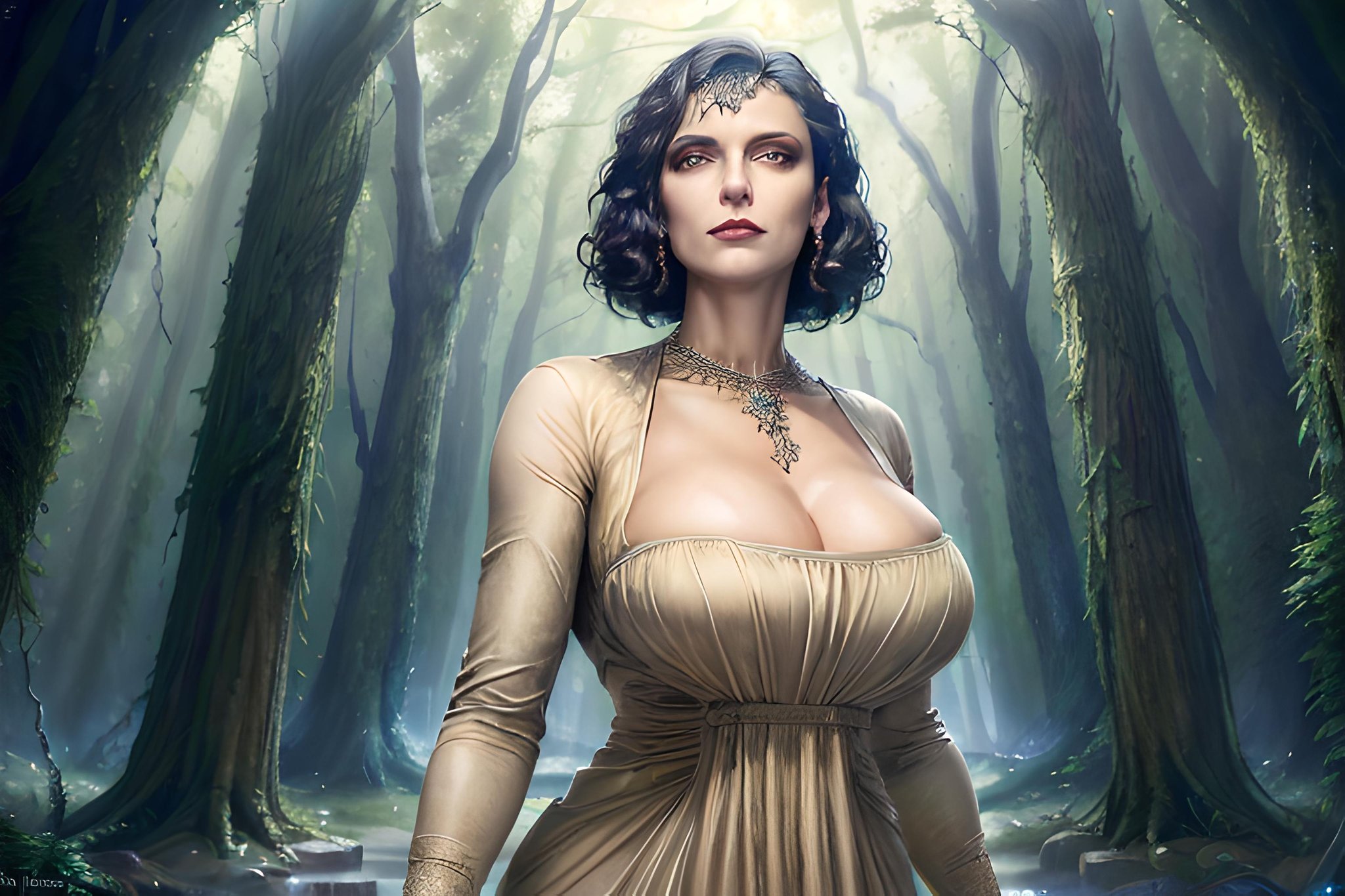 ((ultra detailed, masterpiece, best quality))1girl, solo, bob cut, Deep in a mystical forest, surrounded by ancient ruins, wearing an ethereal, flowing gown, with arms foldedLady Dimitrescu, dimitrescu<lora:LadyDimitrescu2:0.8> large  breasts, tall female, fair skin, woman, portrait, 