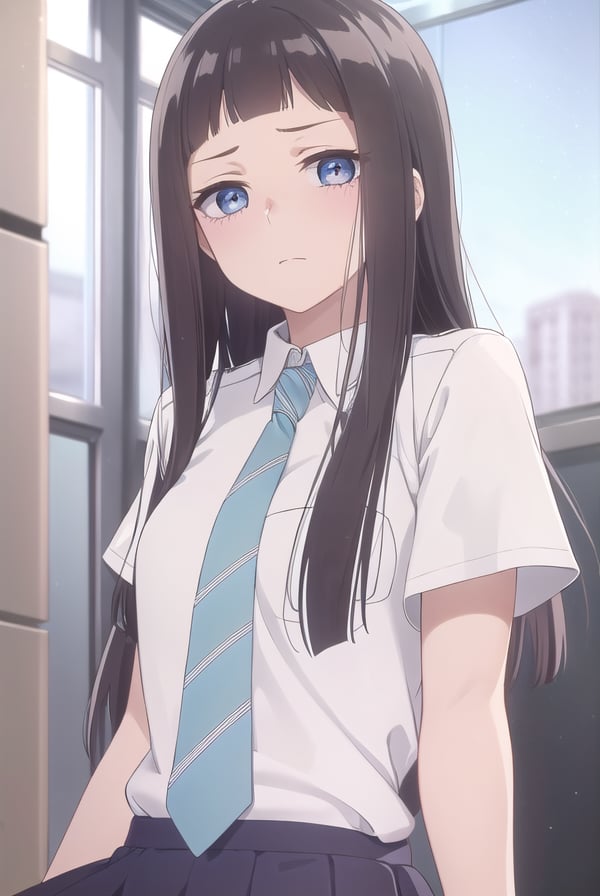 rikasonezaki, <lora:rika sonezaki s1-lora-nochekaiser:1>,rika sonezaki, long hair, black hair, (grey eyes:1.3), bangs, blunt bangs, sidelocks, (forehead:1.2),BREAK skirt, shirt, school uniform, white shirt, short sleeves, necktie, striped, collared shirt, shirt tucked in, striped necktie,BREAK indoors, classroom,BREAK looking at viewer, (cowboy shot:1.5),BREAK <lyco:GoodHands-beta2:1>, (masterpiece:1.2), best quality, high resolution, unity 8k wallpaper, (illustration:0.8), (beautiful detailed eyes:1.6), extremely detailed face, perfect lighting, extremely detailed CG, (perfect hands, perfect anatomy),