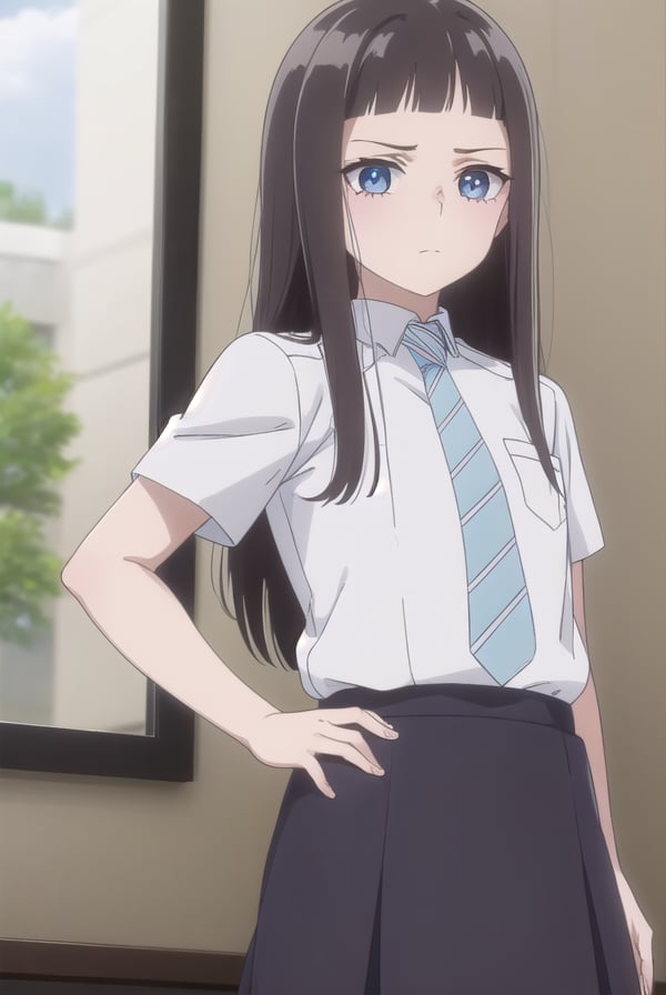 rikasonezaki, <lora:rika sonezaki s1-lora-nochekaiser:1>,rika sonezaki, long hair, black hair, (grey eyes:1.3), bangs, blunt bangs, sidelocks, (forehead:1.2),BREAK skirt, shirt, school uniform, white shirt, short sleeves, necktie, striped, collared shirt, shirt tucked in, striped necktie,BREAK indoors, classroom,BREAK looking at viewer, (cowboy shot:1.5),BREAK <lyco:GoodHands-beta2:1>, (masterpiece:1.2), best quality, high resolution, unity 8k wallpaper, (illustration:0.8), (beautiful detailed eyes:1.6), extremely detailed face, perfect lighting, extremely detailed CG, (perfect hands, perfect anatomy),