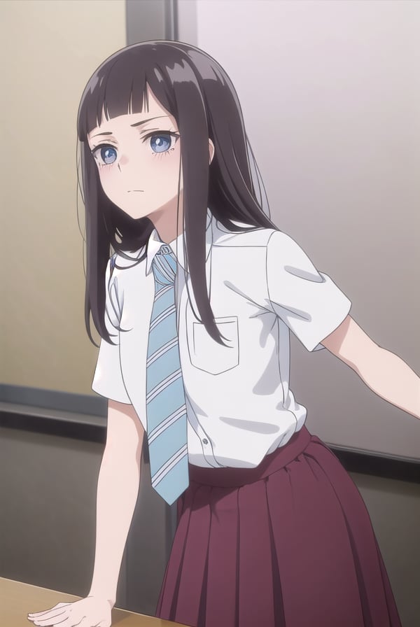 rikasonezaki, <lora:rika sonezaki s1-lora-nochekaiser:1>,rika sonezaki, long hair, black hair, (grey eyes:1.3), bangs, blunt bangs, sidelocks, (forehead:1.2),BREAK skirt, shirt, school uniform, white shirt, short sleeves, necktie, striped, collared shirt, shirt tucked in, striped necktie,BREAK indoors, classroom,BREAK looking at viewer, (cowboy shot:1.5),BREAK <lyco:GoodHands-beta2:1>, (masterpiece:1.2), best quality, high resolution, unity 8k wallpaper, (illustration:0.8), (beautiful detailed eyes:1.6), extremely detailed face, perfect lighting, extremely detailed CG, (perfect hands, perfect anatomy),