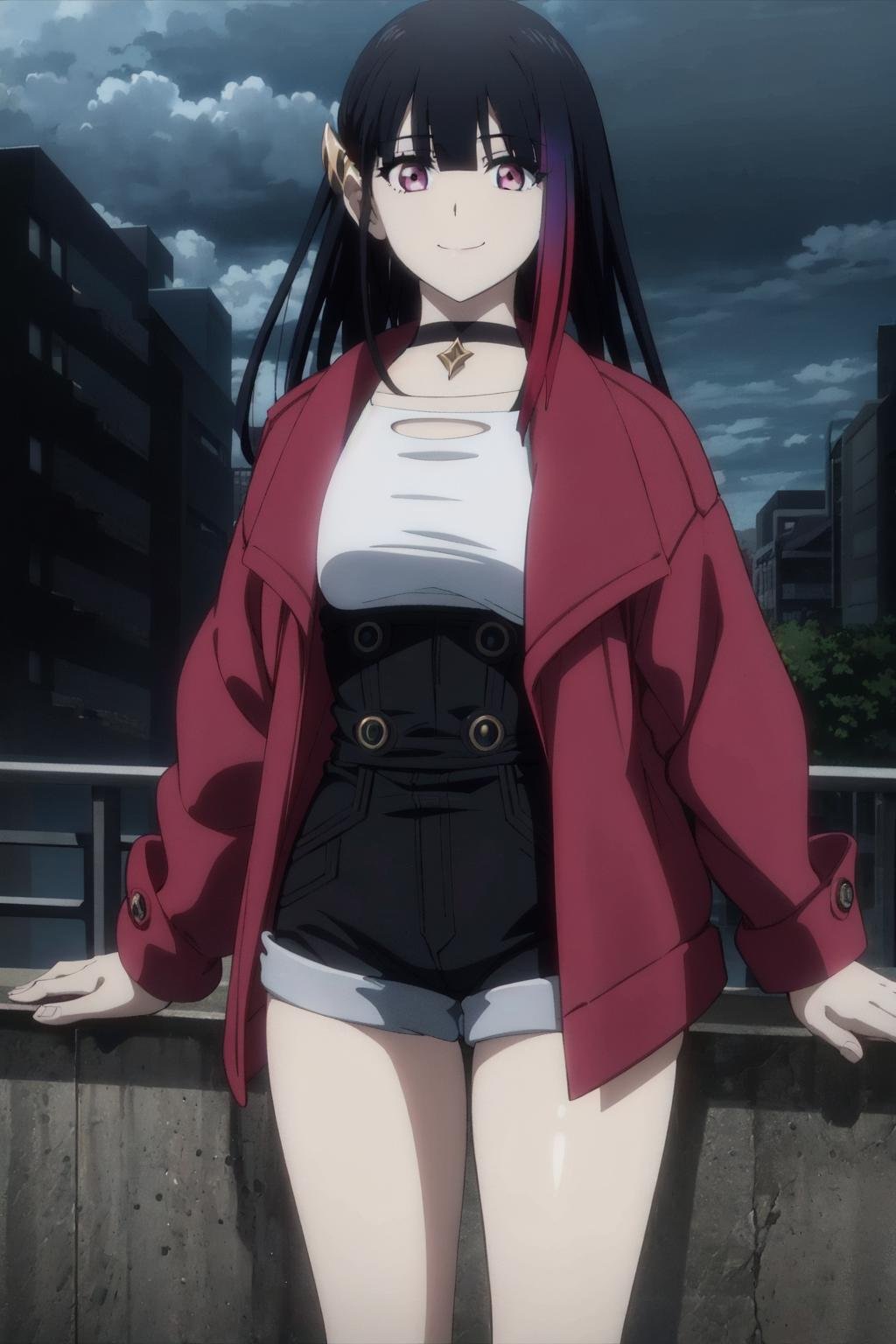 rouge redstar,1girl, black hair, solo, long hair, pink eyes, black overall shorts,white shirt,red coat,ear ornament, black choker, streaked hair, blunt bangs, long sleeves,buttons, looking at viewer,seductive smile, cowboy shot,(best quality, masterpiece),overcast,city,buildings,standing <lora:rougue_redstar_v1:1> 