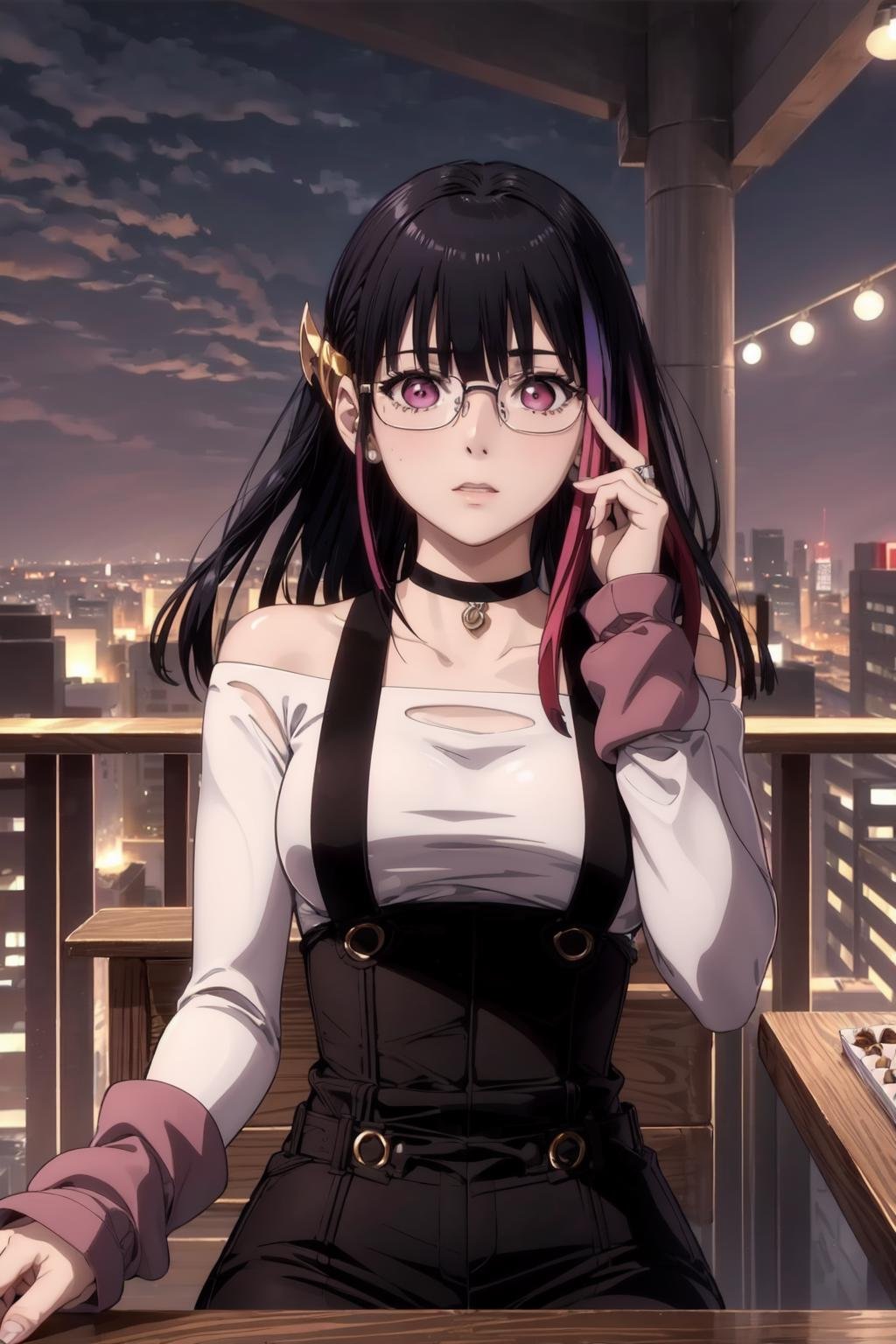 rouge redstar,1girl, black hair, solo, long hair, pink eyes,white shirt,off-shoulder shirt,black overall shorts,suspenders,(pink theme),pink light,(pov across table:1.2, looking at viewer),upper body,straight-on, facing viewer, glasses, rimless eyewear,chocolate bar,  indian red arm warmers,ear ornament, black choker, streaked hair, blunt bangs ,bar, outdoors,skyline,sitting,chair, (best quality, masterpiece) <lora:rougue_redstar_v1:1> 