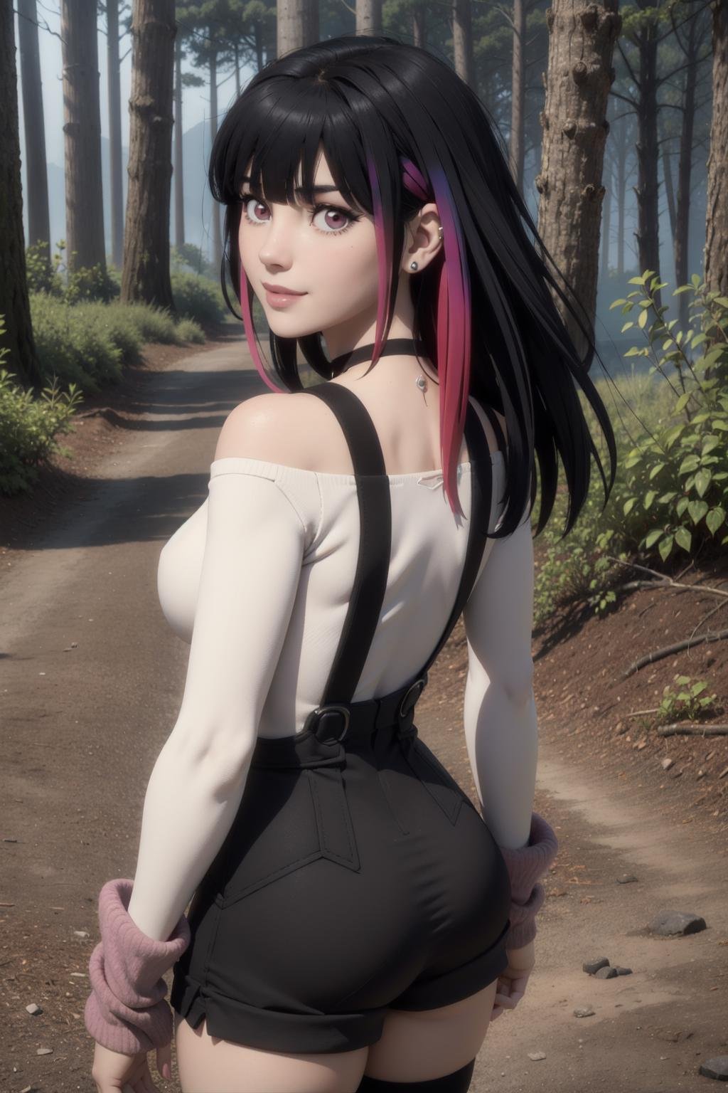 rouge redstar,1girl, black hair, solo, long hair, pink eyes, blunt bangs,(black overall shorts), white shirt,off-shoulder shirt,suspenders, indian red arm warmers, ear ornament, black choker, long sleeves, looking at viewer,serious,streaked hair, cowboy shot,japanse forest,from behind, looking back,outdoors,smile,nature.small breasts,from above,ass,(Maya 3d render:1.05), (masterpiece:1.3), (hires, high resolution:1.3), subsurface scattering <lora:rougue_redstar_v1:1> 