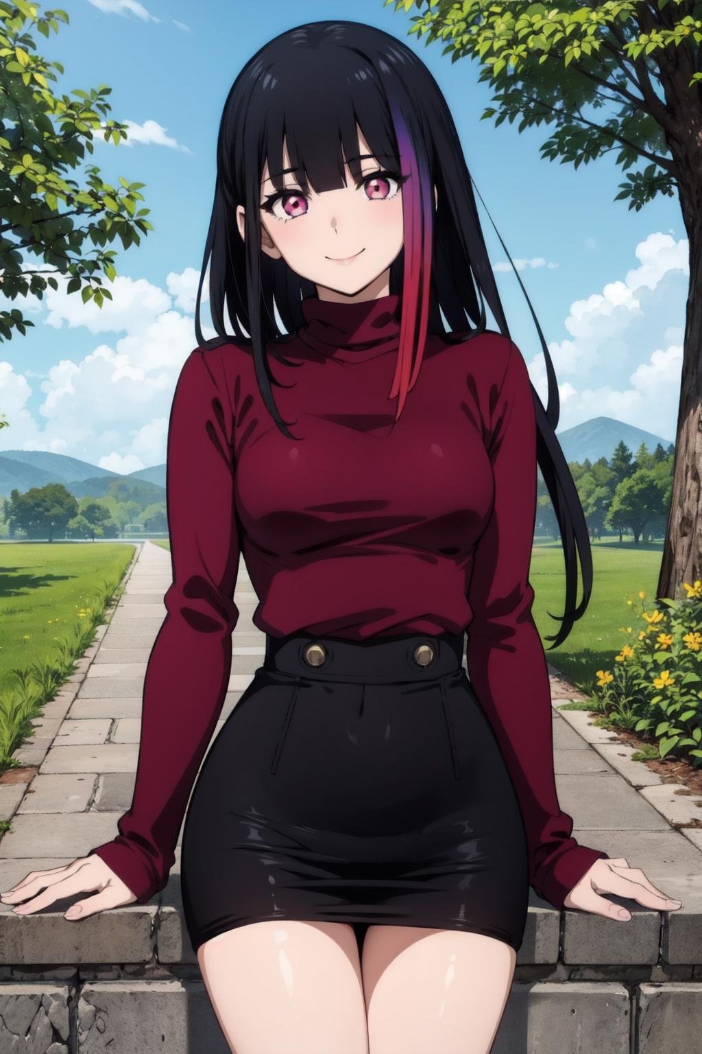 rouge redstar,1girl, solo, long hair,black hair,streaked hair, pink eyes, red sweater, black pencil skirt, blunt bangs, looking at viewer,seductive smile, cowboy shot,stone wall,small breasts, (best quality, masterpiece),blue sky,tree, thigh  <lora:rougue_redstar_v0_5_prod:1>