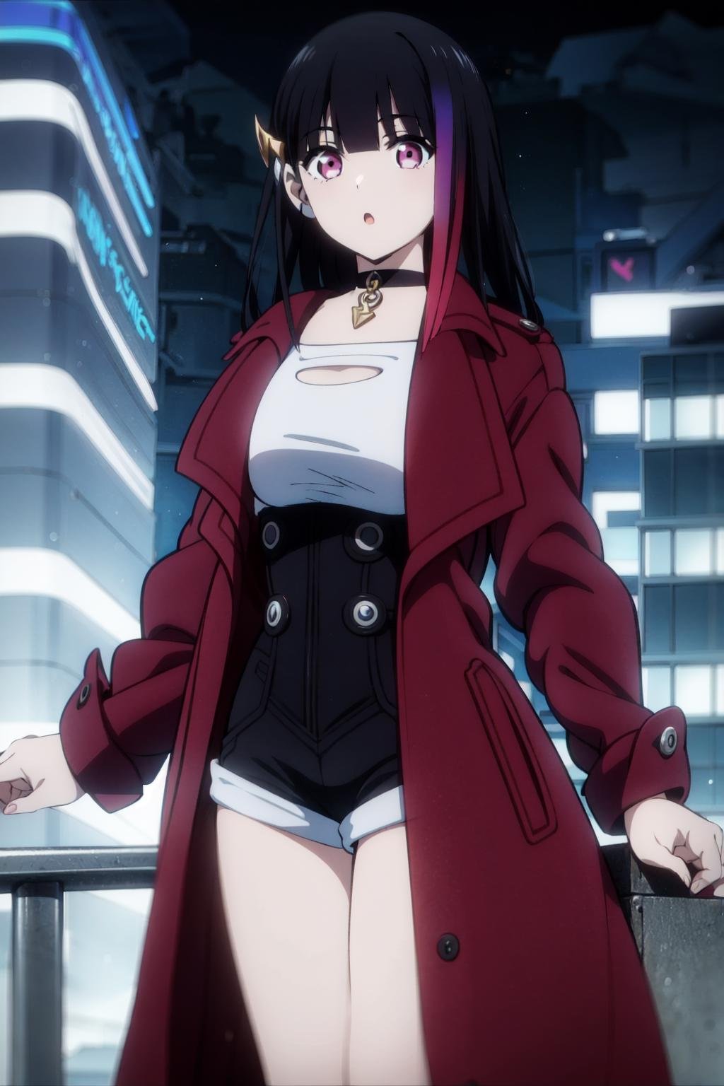 rouge redstar,1girl, black hair, solo, long hair, pink eyes, black overall shorts,white off-shoulder shirt,red coat,ear ornament, black choker, streaked hair, blunt bangs, long sleeves,buttons, looking at viewer,:o, cowboy shot,(night,overcast),dark,city,(best quality, masterpiece),buildings,standing,  <lora:rougue_redstar_v1_1:1> 