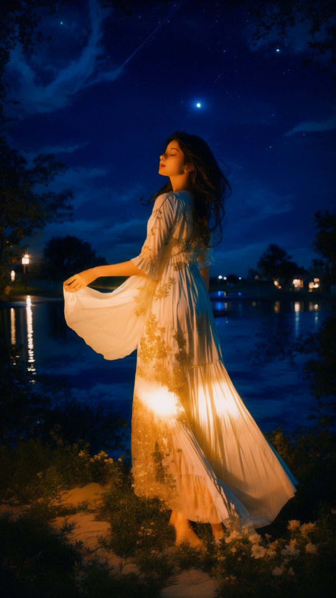 Masterpiece, Best Quality, highres, 1girl, full body, Beneath a star-studded sky, a girl with wind-swept black hair dances amidst a moonlit garden. Her silken slip dress, adorned with iridescent flower embroidery, shimmers like moonlight on water. The whisper of her bare feet on the dew-soaked grass blends with the chirping of crickets, creating a lullaby of the night. Her head tilted back, eyes closed in serene delight, she drinks in the intoxicating fragrance of blooming night jasmine. The camera focuses on the interplay of moonlight and shadow, the delicate details of the floral embroidery, and the ethereal, almost supernatural beauty of the girl in perfect harmony with nature's nocturnal magic,Realism,Detailedface,Portrait