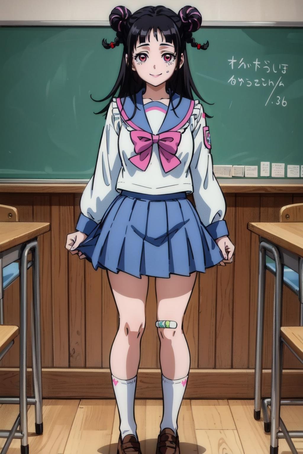 mahoro, 1girl, black hair, solo, double bun, bangs, long hair, twin braids, pink eyes, two-tone hair,school uniform,serafuku, light blue sailor collar, frilled sailor collar, light blue skirt, pink bow, frilled sleeves, (bandaid on knee), white socks, brown loafers, classroom,chalkboard, looking at viewer,smile,standing, full body,shoulder patch,(best quality, masterpiece) <lora:mahoro_v1:1> 