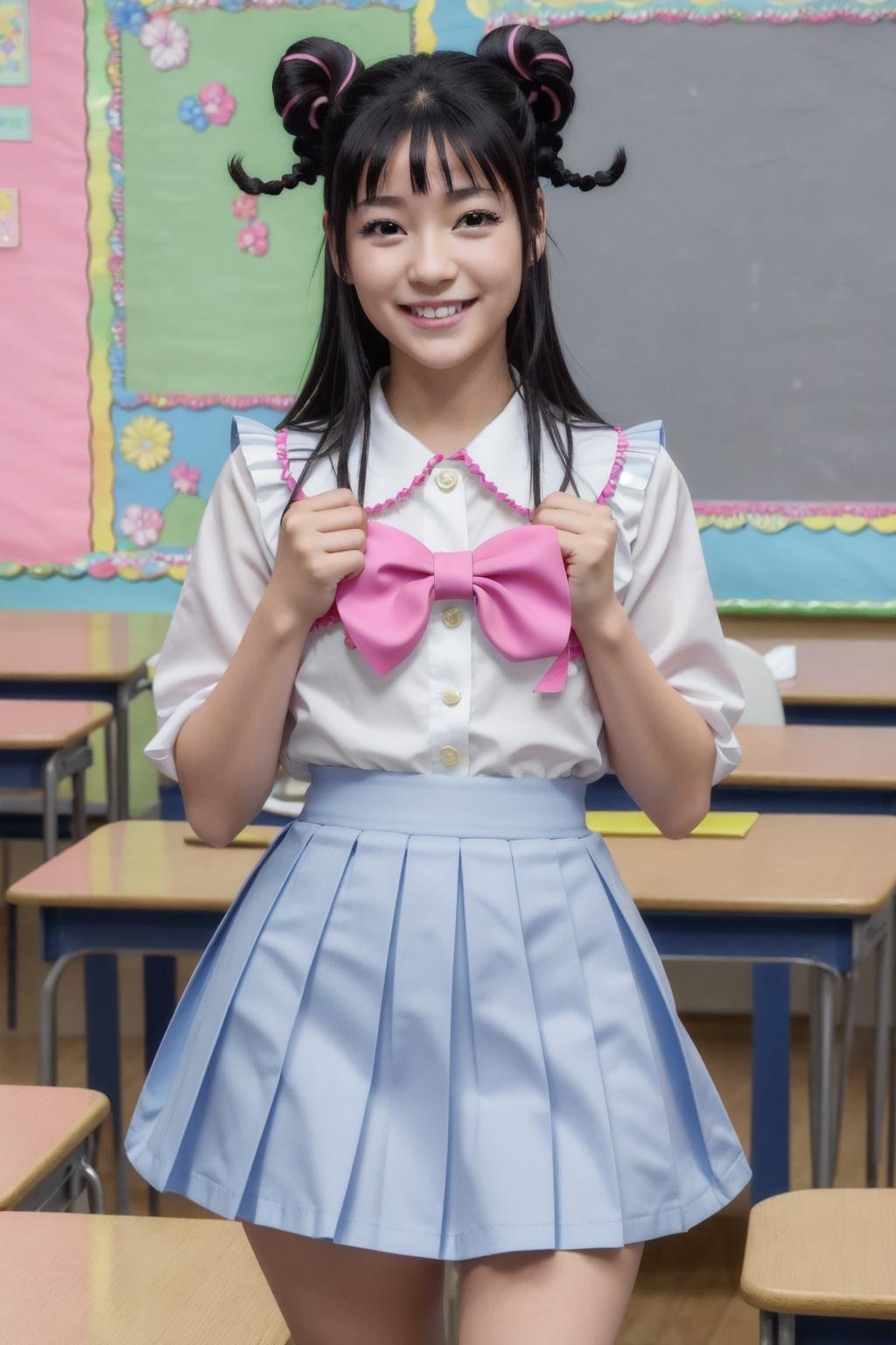 mahoro, 1girl, black hair, solo, double bun, bangs, long hair, twin braids, pink eyes, two-tone hair,school uniform,serafuku, light blue sailor collar, frilled sailor collar,( light blue pleated skirt), (pink bow), frilled dress, classroom, looking at viewer,smile,(best quality, masterpiece) <lora:mahoro_v0_2_prod:1>