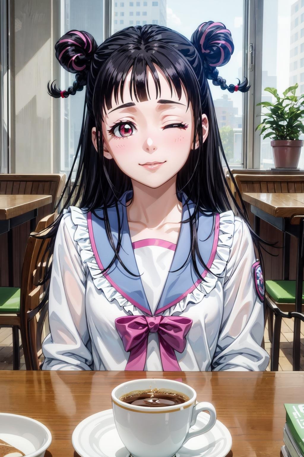 mahoro, 1girl, black hair, double bun, bangs, long hair, twin braids, pink eyes, two-tone hair,,looking at viewer,school uniform,serafuku, (light blue sailor collar:1.2), frilled sailor collar, pink bow, white shirt, frilled sleeves,shoulder patch, pov across table,small coffee cup,cafe, (one eye closed), potted plant, (best quality, masterpiece) <lora:mahoro_v1:1> 