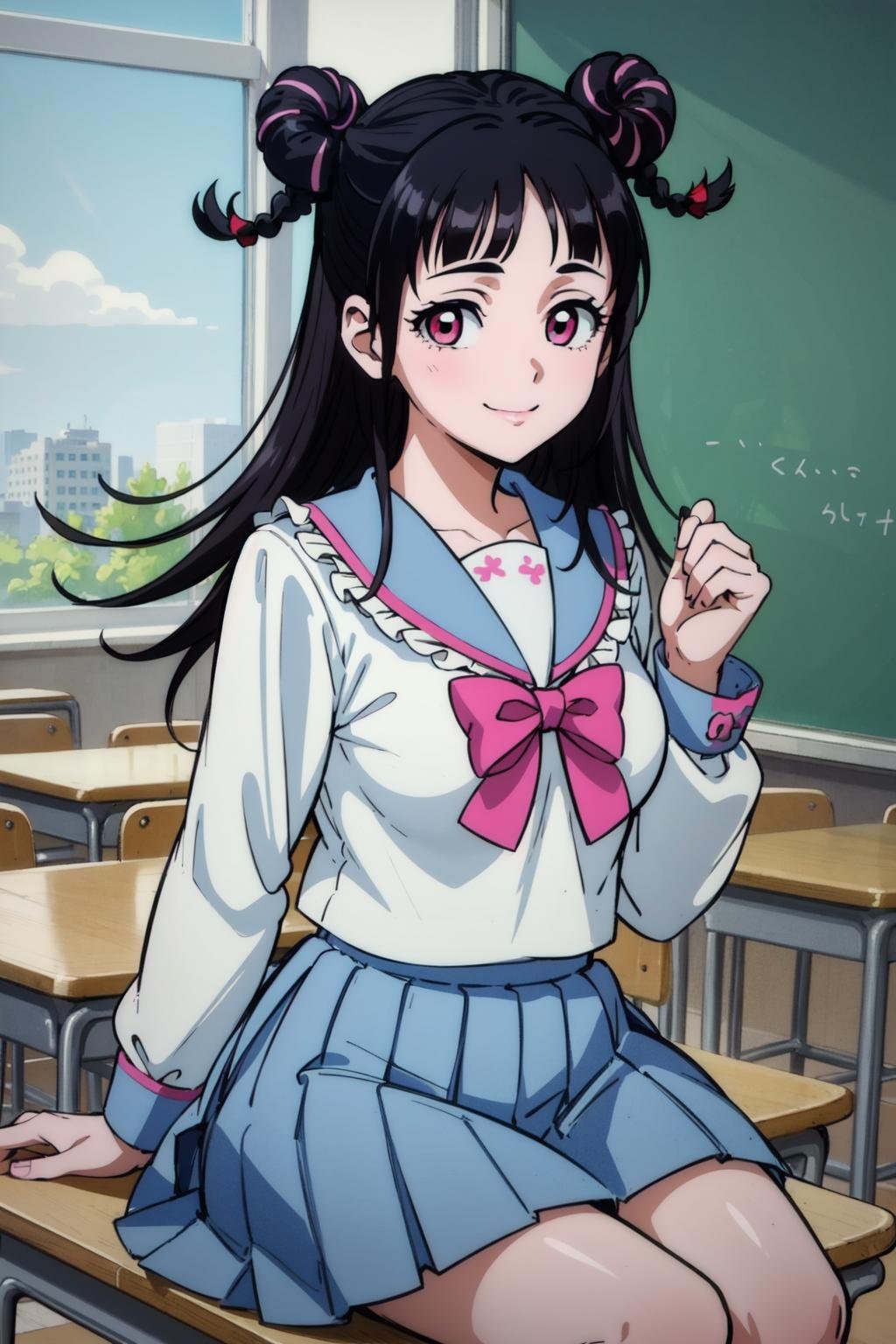 mahoro, 1girl, black hair, solo, double bun, bangs, long hair, twin braids, pink eyes, two-tone hair,school uniform,serafuku, light blue sailor collar, frilled sailor collar, light blue skirt, pink bow, frilled dress, classroom, looking at viewer,smile,(best quality, masterpiece) <lora:mahoro_v1:1> 