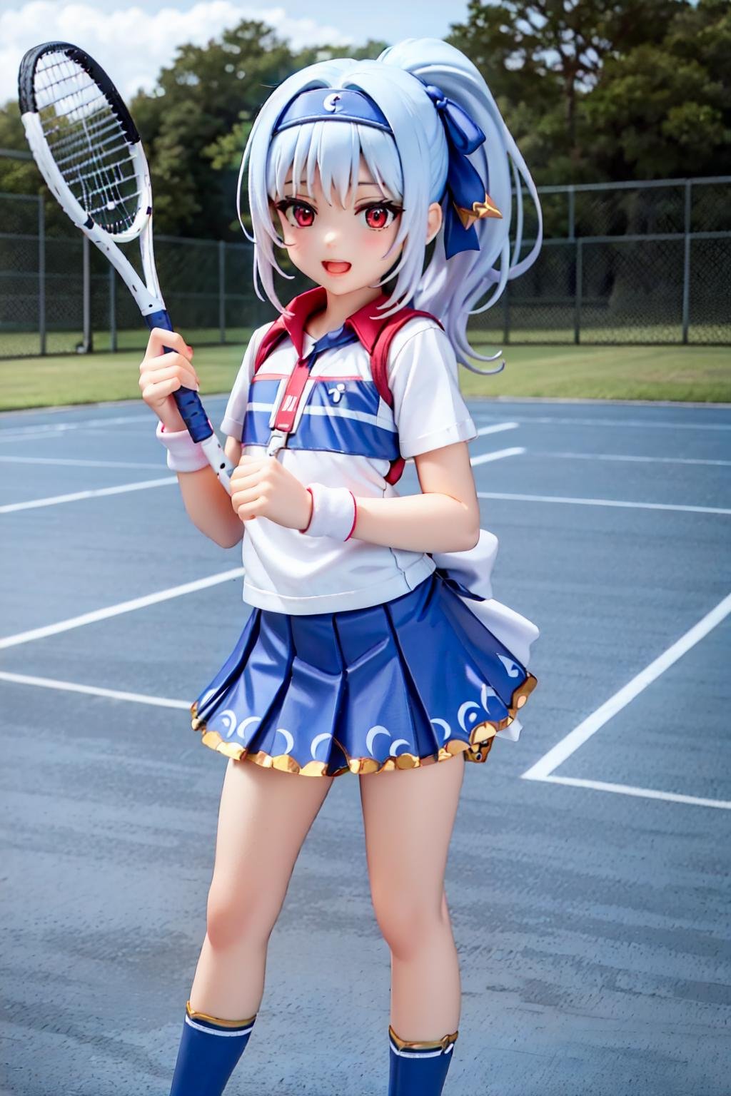 meru, 1girl, (AS-YoungestV2:1.2), long hair, blue hair, ponytail,red eyes, playing tennis, white pleated skirt, white t-shirt, short short sleeves, tennis court, white visor,happy, white tennis shoes, blue hair bow, (best quality, masterpiece) <lora:meru_v1:1>  