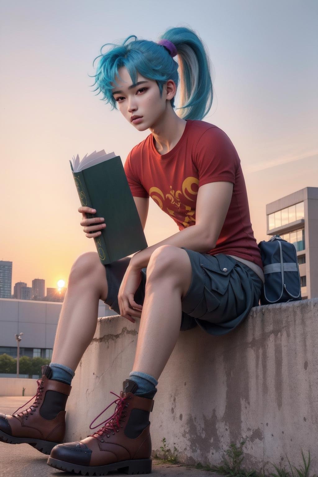 meru, 1boy, long hair, blue hair, ponytail,red eyes,(red t-shirt:1.3),(white cargo shorts:1.2), sitting outside of  a library holding a book,city, sunset,stubble, (best quality, masterpiece) <lora:meru_v1:1>  <lora:hipoly_3dcg_v7-epoch-000012:0.5>