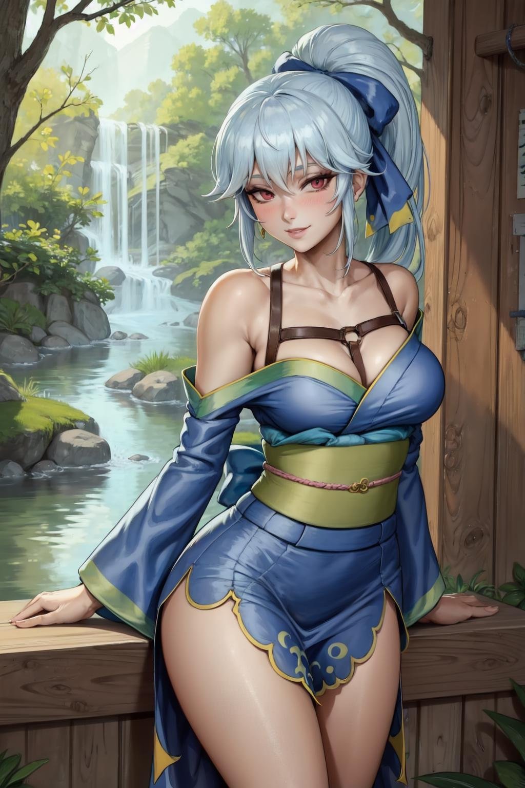 <lora:meru_v1:1> ,meru, 1girl, solo, long hair, medium breasts, (blue hair),(pink kimono:1.4),long sleeves,(wide sleeves),obi, ponytail, blue hair bow, smile, blush, looking at viewer, red eyes,o-ring,(collarbone:1.35),arms at sides,cowboy shot,tree, pond, japanese forest, shrine in the background, outdoors,cleavage,nature,(best quality, masterpiece) 