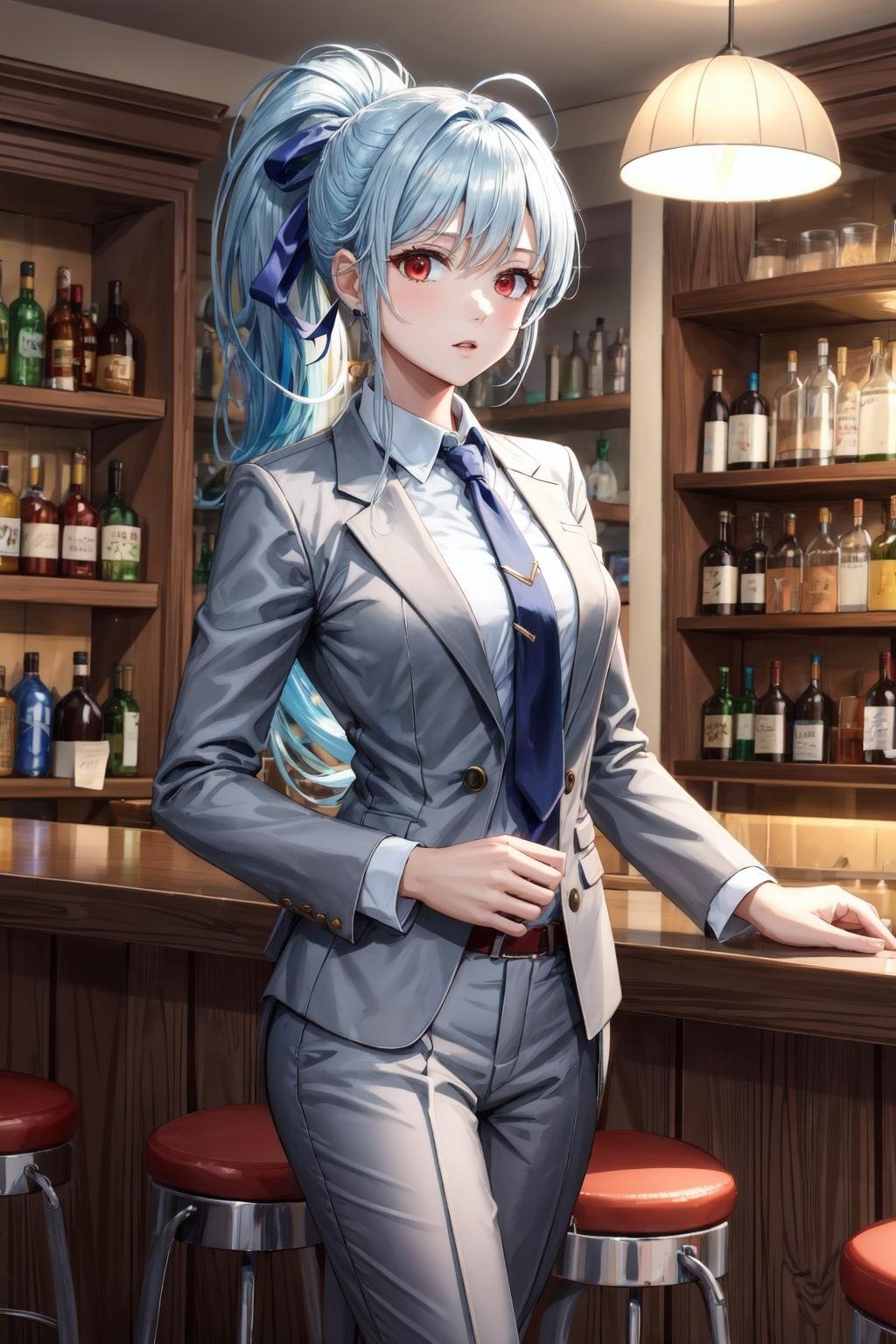 meru, 1girl, long hair, blue hair, ponytail,red eyes,grey suit, grey blazer, grey pants, white collared shirt, black necktie,,looking at viewer,indoors, night, bar, stool, counter, bottle,small breasts, (best quality, masterpiece) <lora:meru_v1:1> 