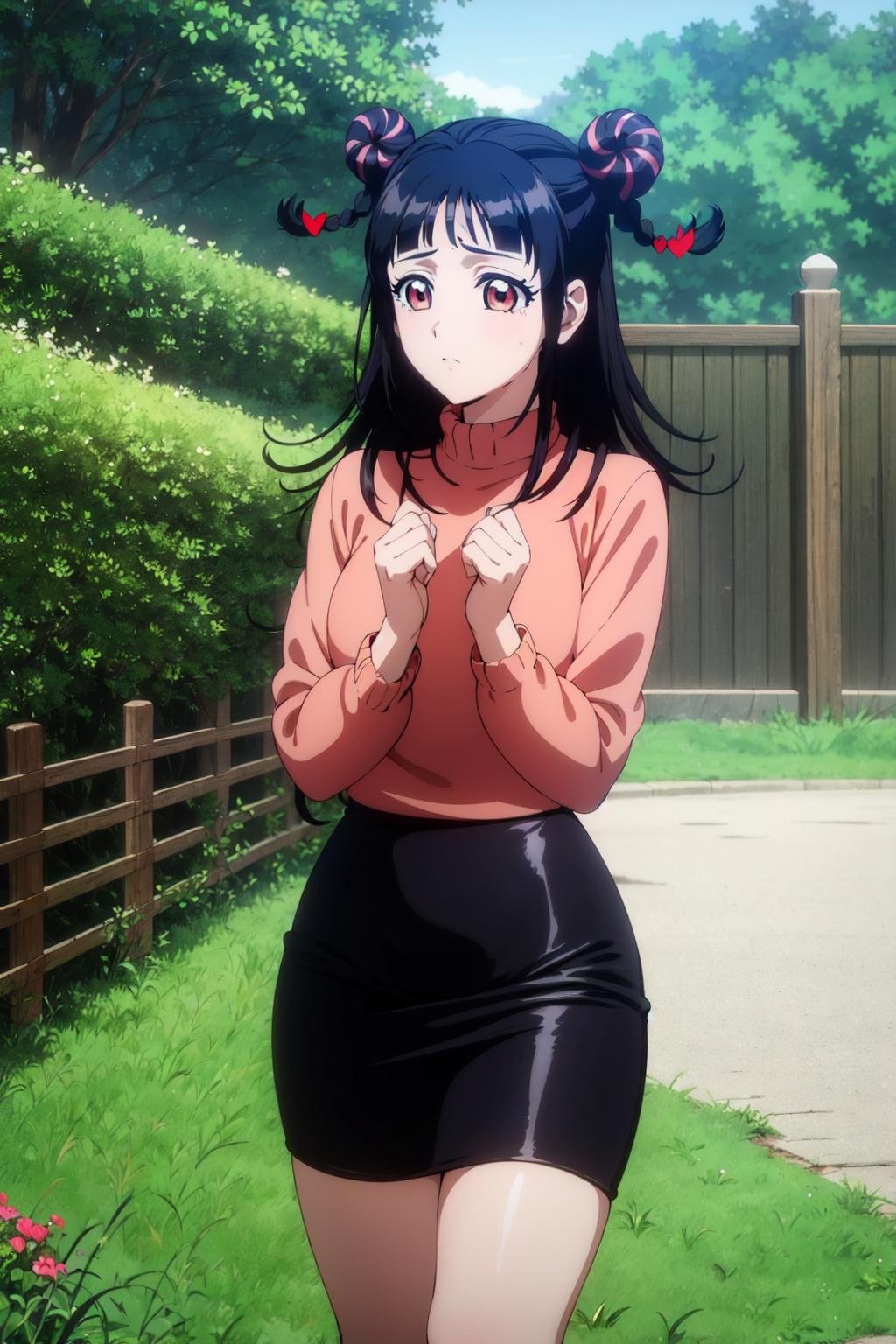 mahoro, 1girl, black hair, double bun,braid, bangs,cowboy shot, long hair, pink eyes, two-tone hair, red sweater,(black pencil skirt),(black skirt),red turtleneck,sleeves rolled up, outdoors, tree, grass, wooden railing,heart hair ornament,(miniskirt:1.2),(best quality, masterpiece) <lora:mahoro_v1_1:1> 