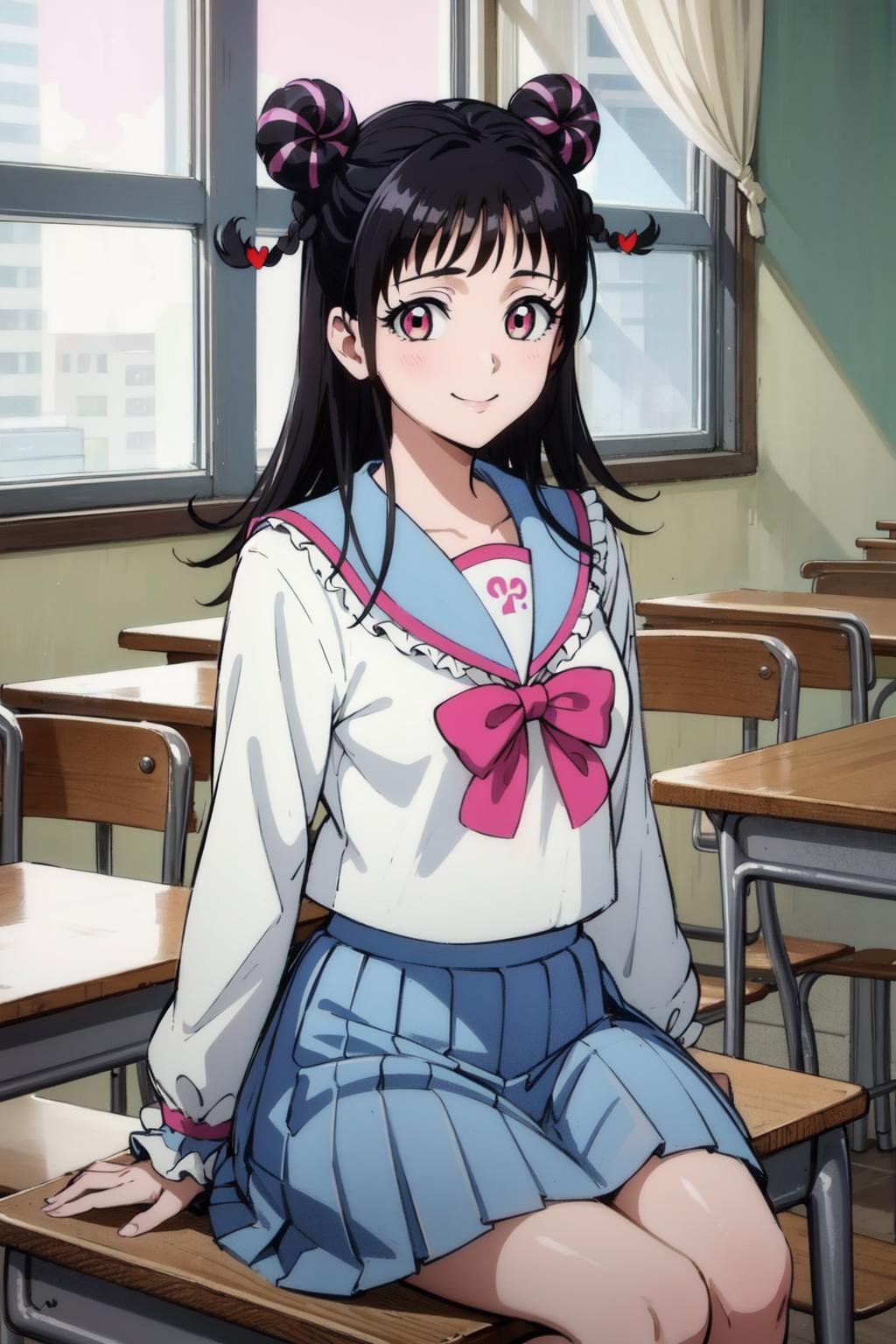 mahoro, 1girl, black hair, solo, double bun,blunt bangs, long hair,  braid, pink eyes, two-tone hair,school uniform,serafuku, (light blue sailor collar), frilled sailor collar, (light blue pleated skirt), pink bow, classroom, looking at viewer,smile,heart hair ornament,sitting,frilled sleeves,(best quality, masterpiece) <lora:mahoro_v1_1:1> 