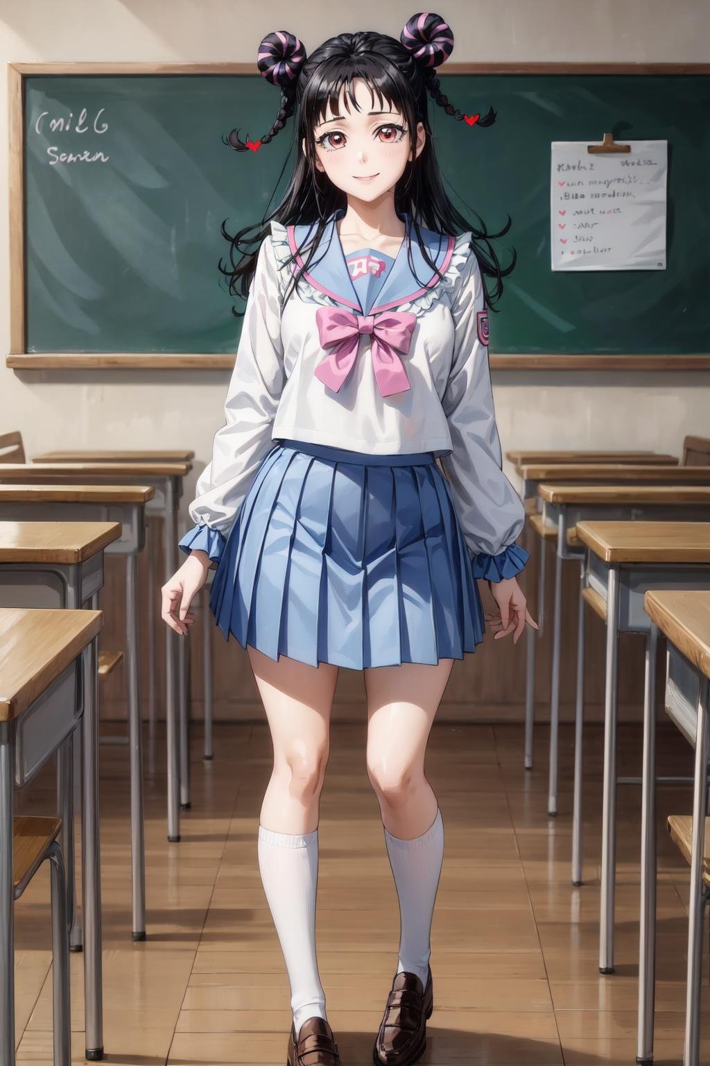 mahoro, 1girl, black hair, solo, double bun, bangs, long hair, braid, pink eyes, two-tone hair,school uniform,serafuku, light blue sailor collar, (frilled sailor collar), light blue pleated skirt, pink bow, frilled sleeves, (bandaid on knee:1.1), white socks, brown loafers, classroom,chalkboard, looking at viewer,smile,standing, full body,shoulder patch,heart hair ornament,(best quality, masterpiece) <lora:mahoro_v1_1:1> 