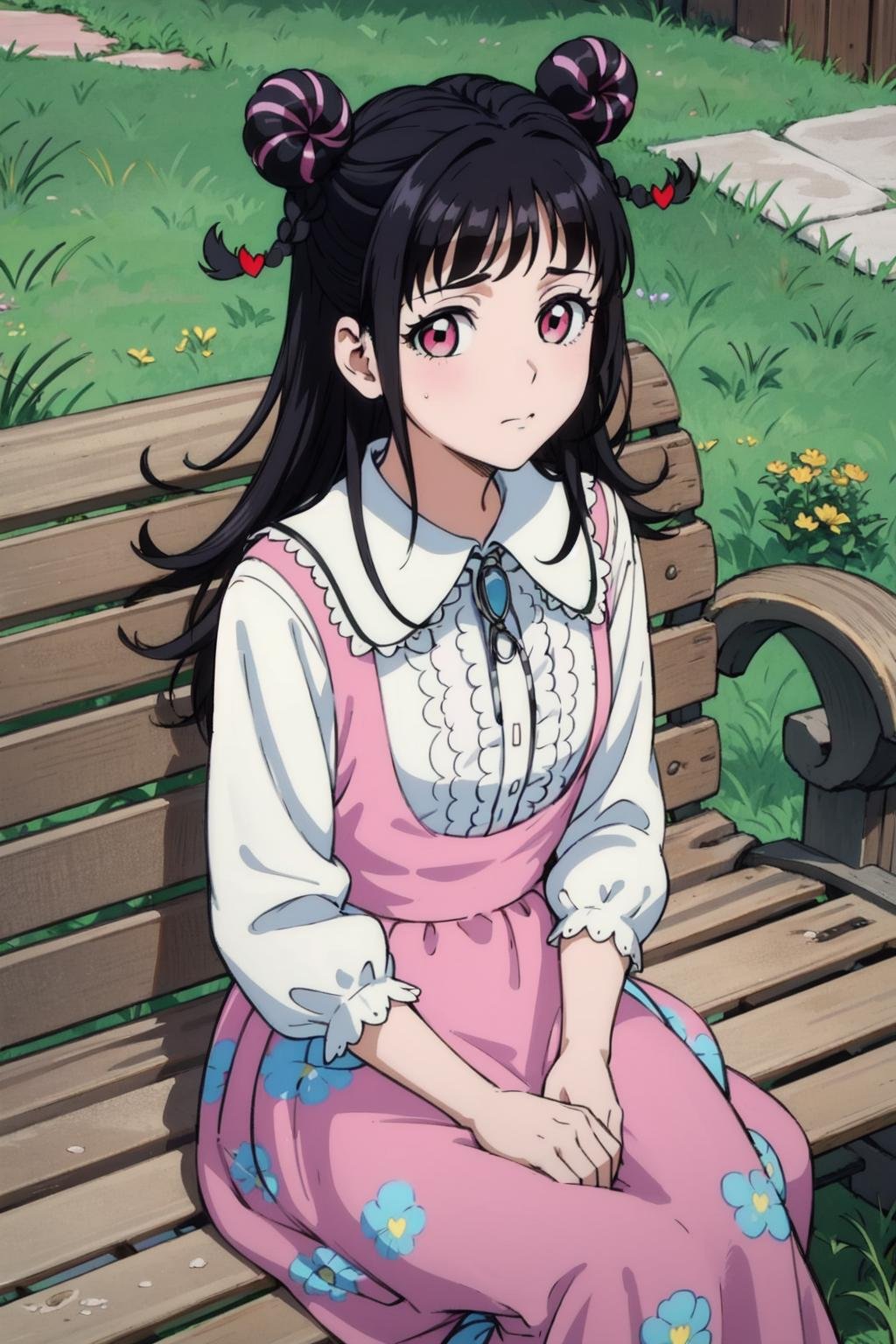 mahoro, 1girl, black hair, solo, outdoors, braid, double bun, pink pinafore dress, bangs, looking up, long hair, twin braids, pink eyes, white collared shirt,, bolo tie, looking at viewer, blunt bangs, bench, sitting, closed mouth, heart hair ornament, sleeves past elbows, grass, frilled shirt collar, (from above), floral print, collared shirt, brooch, two-tone hair,(best quality, masterpiece) <lora:mahoro_v1_1:1>