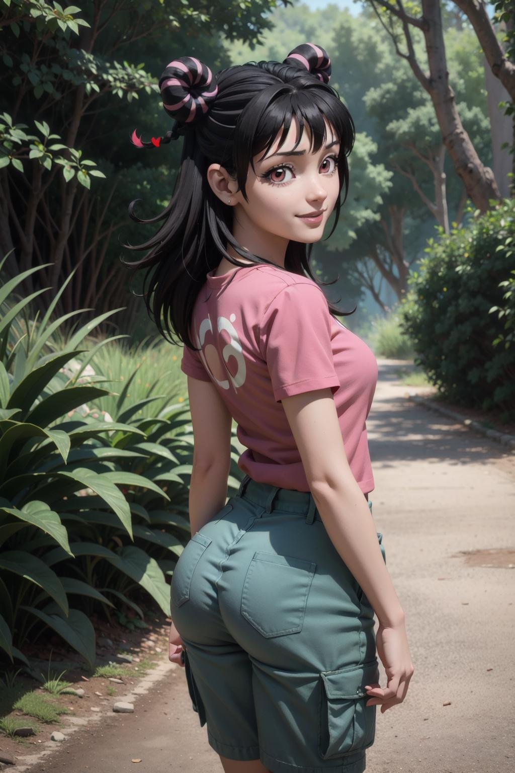 mahoro, 1girl, black hair, double bun, bangs, long hair, braid, pink eyes, two-tone hair,(black cargo shorts,red t-shirt), looking at viewer, cowboy shot,japanse forest,from behind, looking back,outdoors,smile,nature.small breasts,from above,ass,heart hair ornament,(Maya 3d render:1.05), (masterpiece:1.3), (hires, high resolution:1.3), subsurface scattering <lora:mahoro_v1_1:1> 