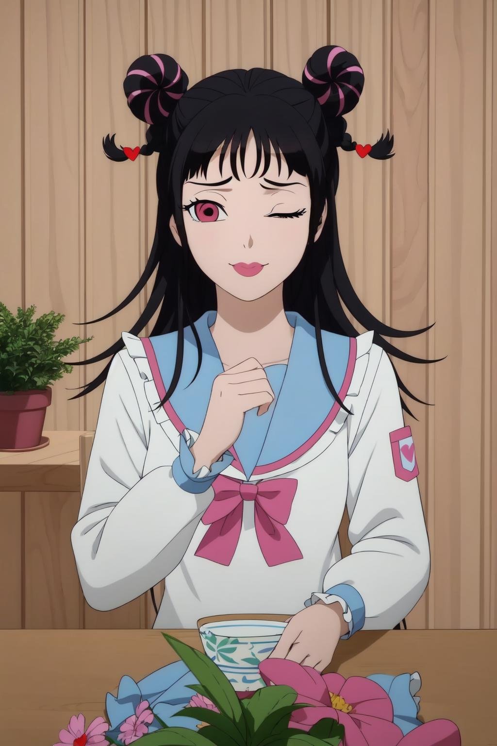 mahoro,inusen, flat color, 1girl, black hair, double bun, bangs, long hair, twin braids, (pink eyes), two-tone hair,,looking at viewer,school uniform,serafuku, (light blue sailor collar:1.2), frilled sailor collar, pink bow, white shirt, frilled sleeves,shoulder patch, pov across table,small coffee cup,cafe, one eye closed, potted plant,smile,heart hair ornament,lips, (best quality, masterpiece) <lora:mahoro_v1_1:1>  <lora:inusen_v1:1> 