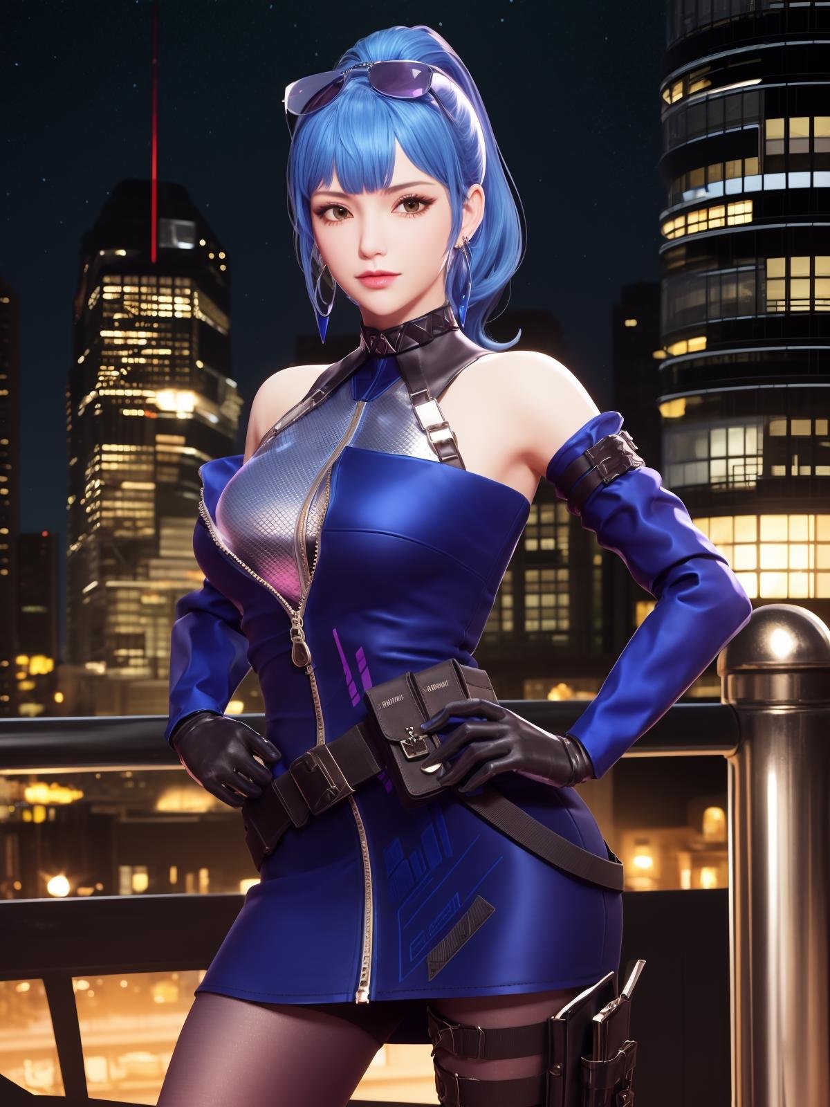 CFwumengmengBW, 1girl, solo, gloves,blue hair, dress, pantyhose, looking at viewer,  jewelry, ponytail, bangs, earrings, bare shoulders, belt, detached sleeves, thigh strap, eyewear on head, pouch, high ponytail, holster, long hair,zipper, <lora:CFwumengmengBW:0.75>,cityscape, night, 