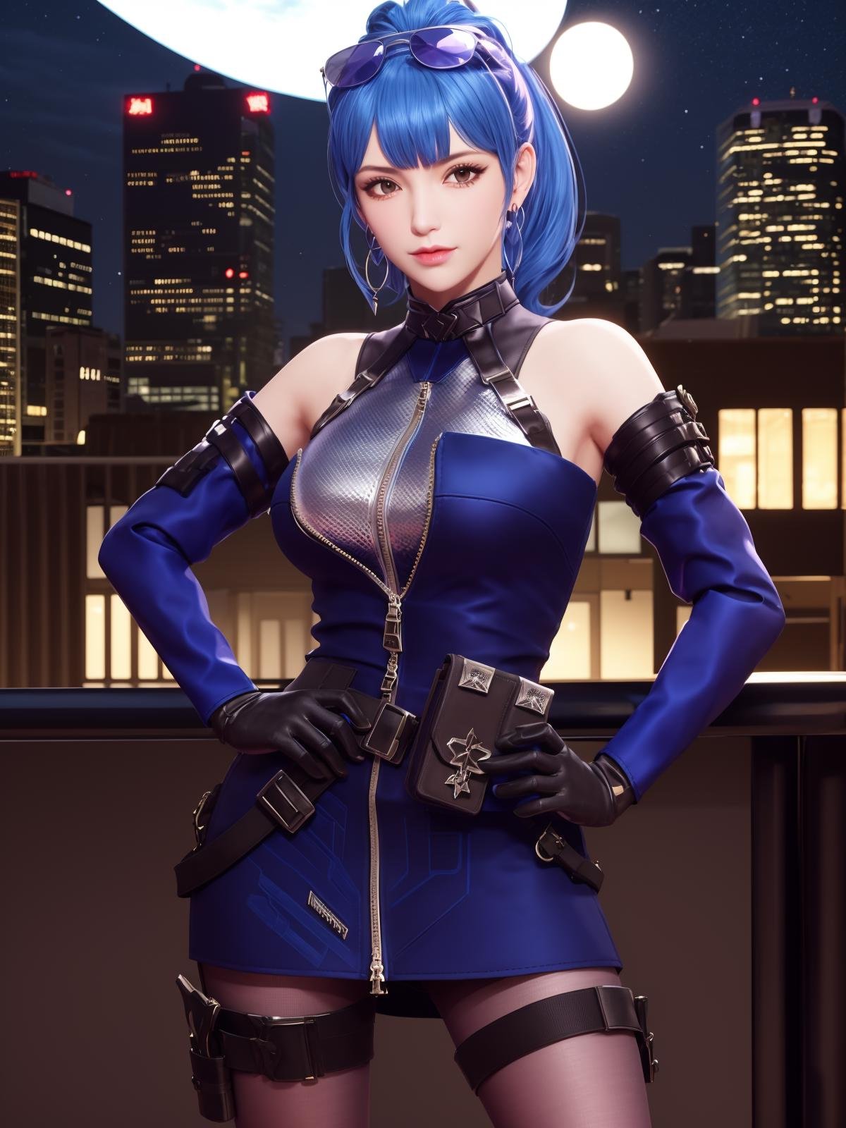 CFwumengmengBW, 1girl, solo, gloves,blue hair, dress, pantyhose, looking at viewer,  jewelry, ponytail, bangs, earrings, bare shoulders, belt, detached sleeves, thigh strap, eyewear on head, pouch, high ponytail, holster, long hair,zipper, <lora:CFwumengmengBW:0.75>,cityscape, night, 