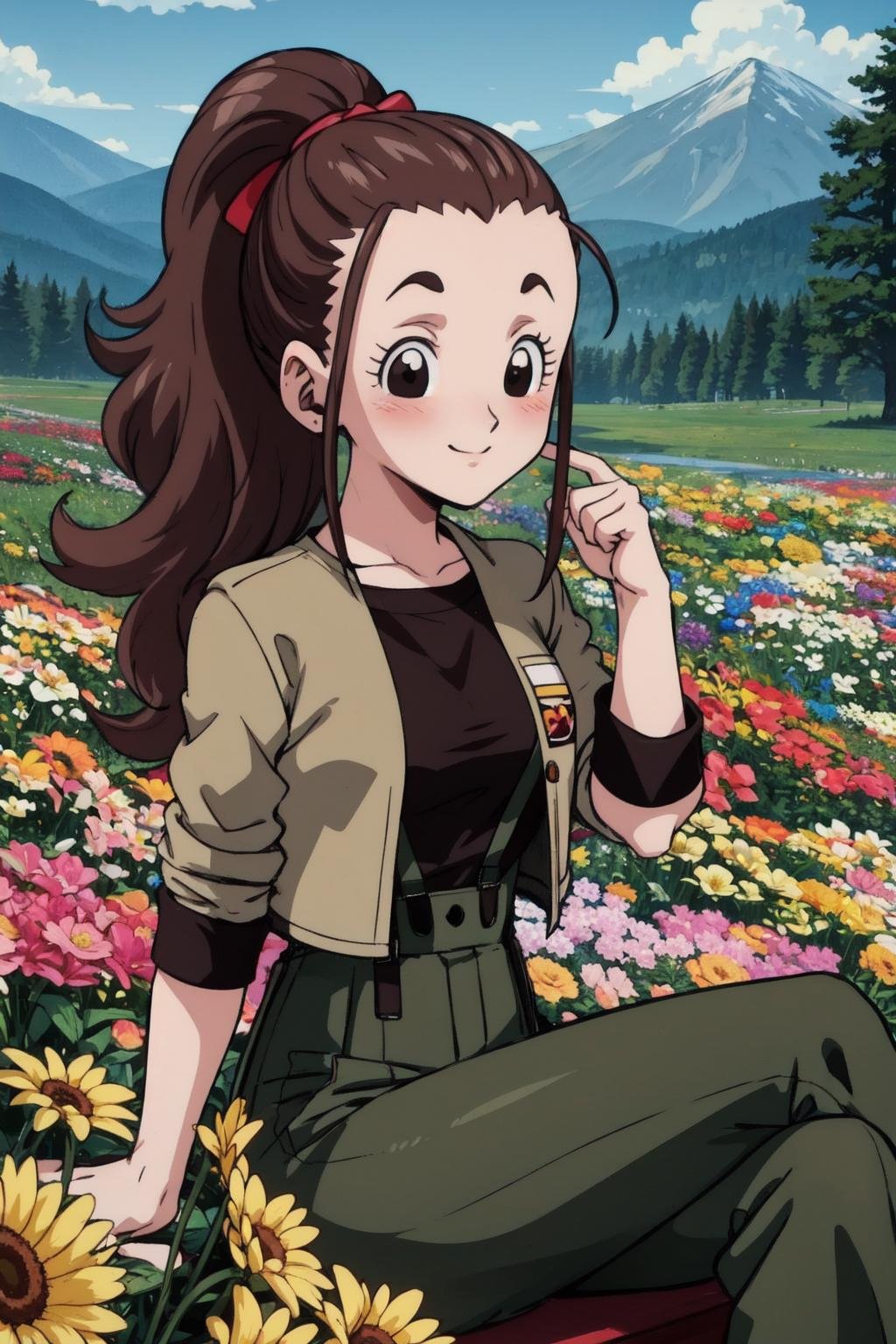 cocoa, anime coloring, 1girl, solo, brown hair, black eyes,brown shirt, olive green jacket, green pants, suspender pants,long hair,,sitting,  slight smile,blush,ponytail,(long sideburns:1.2),arm support,(flowers), forest, mountain,long sleeves,(best quality, masterpiece) <lora:cocoangela_v1:1> 