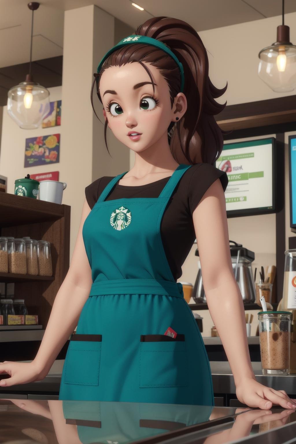cocoa,1girl, solo, cowboy shot,barista, (counter in foreground:1.3), brown hair, (black eyes), ponytail, (green visor cap:1.3), long hair, (green apron),  black t-shirt,starbucks, cafe, coffee shop, indoors,parted lips,(beautiful, gorgeous:1.1),(Maya 3d render:1.05), (masterpiece:1.3), (hires, high resolution:1.3), subsurface scattering,long sideburns, <lora:cocoangela_v1:1>