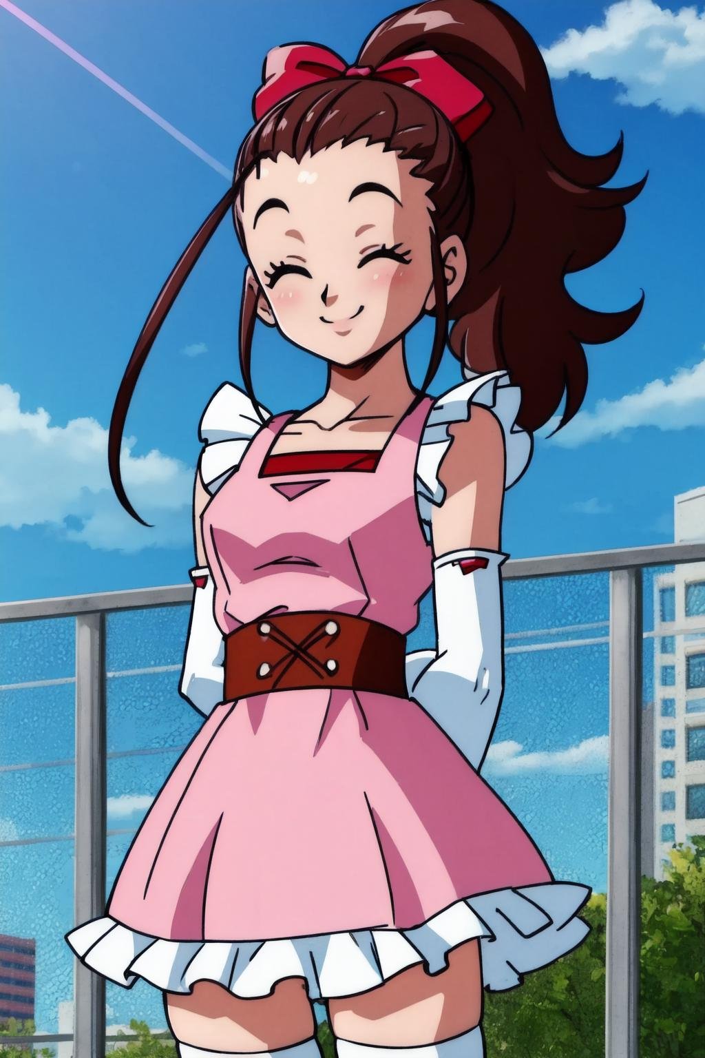 cocoa, brown hair, black eyes, ponytail, pink dress, (frills), marron belt,long sideburns, white elbow gloves, white thighhighs,red hair bow,smile,blue sky, rooftop,contrapposto, chain-link fence,city in the background,smile, closed eyes,arms behind back,(best quality, masterpiece),  (best quality, masterpiece) <lora:cocoangela_v1:1> 