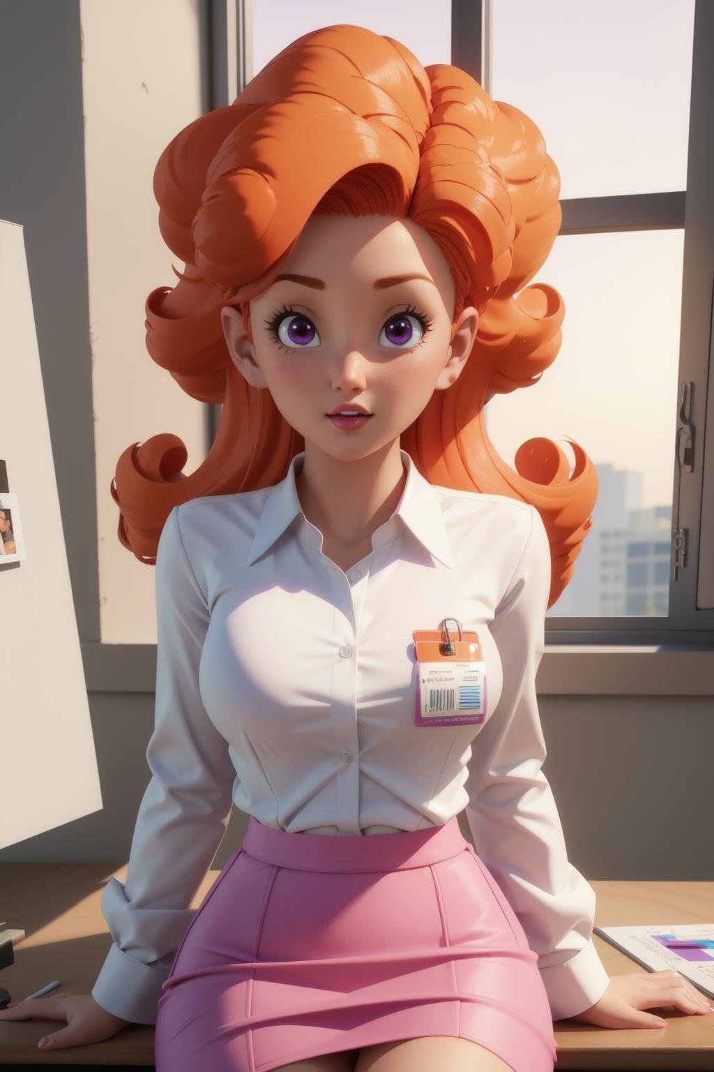 angela,1girl, solo, cowboy shot,office lady, orange hair, purple eyes, curly hair, long hair, id card, pink pencil skirt, white collared shirt, long sleeves,parted lips,office, desk,sitting, sexually suggestive, window,(beautiful, gorgeous:1.1),(Maya 3d render:1.05), (masterpiece:1.3), (hires, high resolution:1.3), subsurface scattering,looking at viewer,(hair behind ear:1.2),  <lora:cocoangela_v1:1>