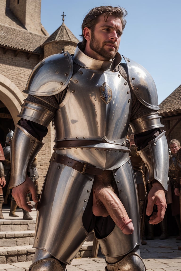 close up cinematic movie still of a knight in a town square, wearing plate armor and breeches pulled down, nervous, muscular, athletic, manly, medieval fantasy, d&d, baldur's gate, fantasy, nude, penis, from below, people in the distance, blushing, worried expression, bokeh