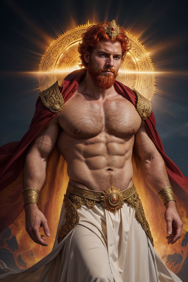 face portrait of Helios the god of the sun shrouded in mysterious waves of light in the sky, radiant crown, wearing open silk robes with intricate patterns, regal appearance, atmospheric fog, large sun, gruff features, red hair, mature man, beard, chest hair, arm hair, loincloth, full of color, subsurface scattering, cinematic lighting, dramatic angle