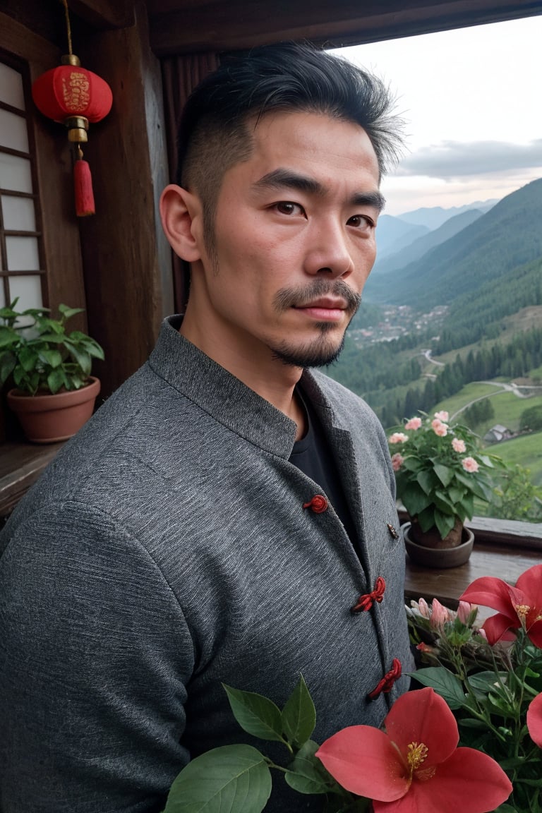 face portrait of a gruff Chinese man in a cozy mountain inn overlooking a valley, manly, muscular, athletic body, wearing stylish clothes, detailed eyes, square jawline, stubble, arm hair, rule of thirds, flowers and plants, sharp focus, cinematic lighting