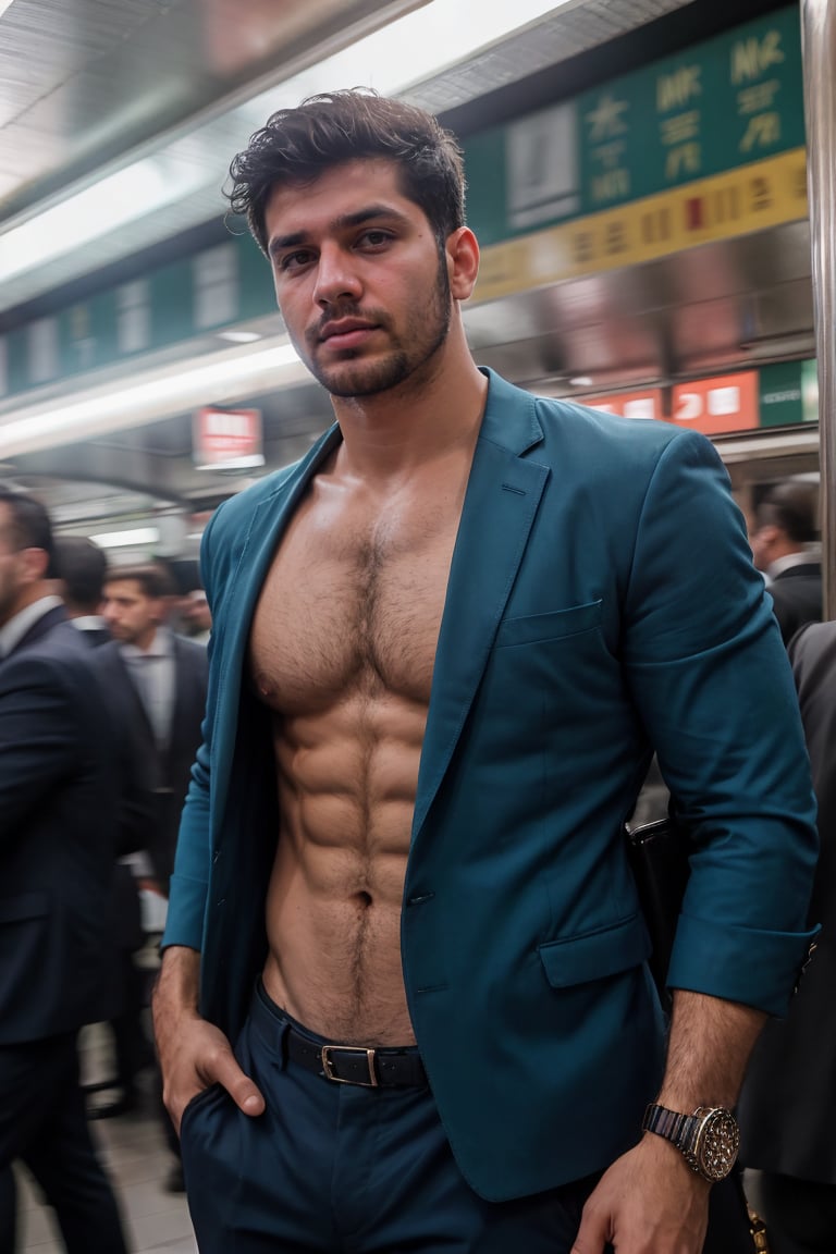 vintage photo of a businessman standing in a crowded metropolitan subway station, Arab, Nikon F, kodak, fujifilm, bokeh, motion blur, muted blue color palette, (fisheye lens:1.2), lomo effect, long exposure shot, 35mm lens, stylish clothes, open shirt, chest hair, stubble, manly, dramatic angle, looking at viewer, subsurface scattering, volumetrics, soft focus, from below