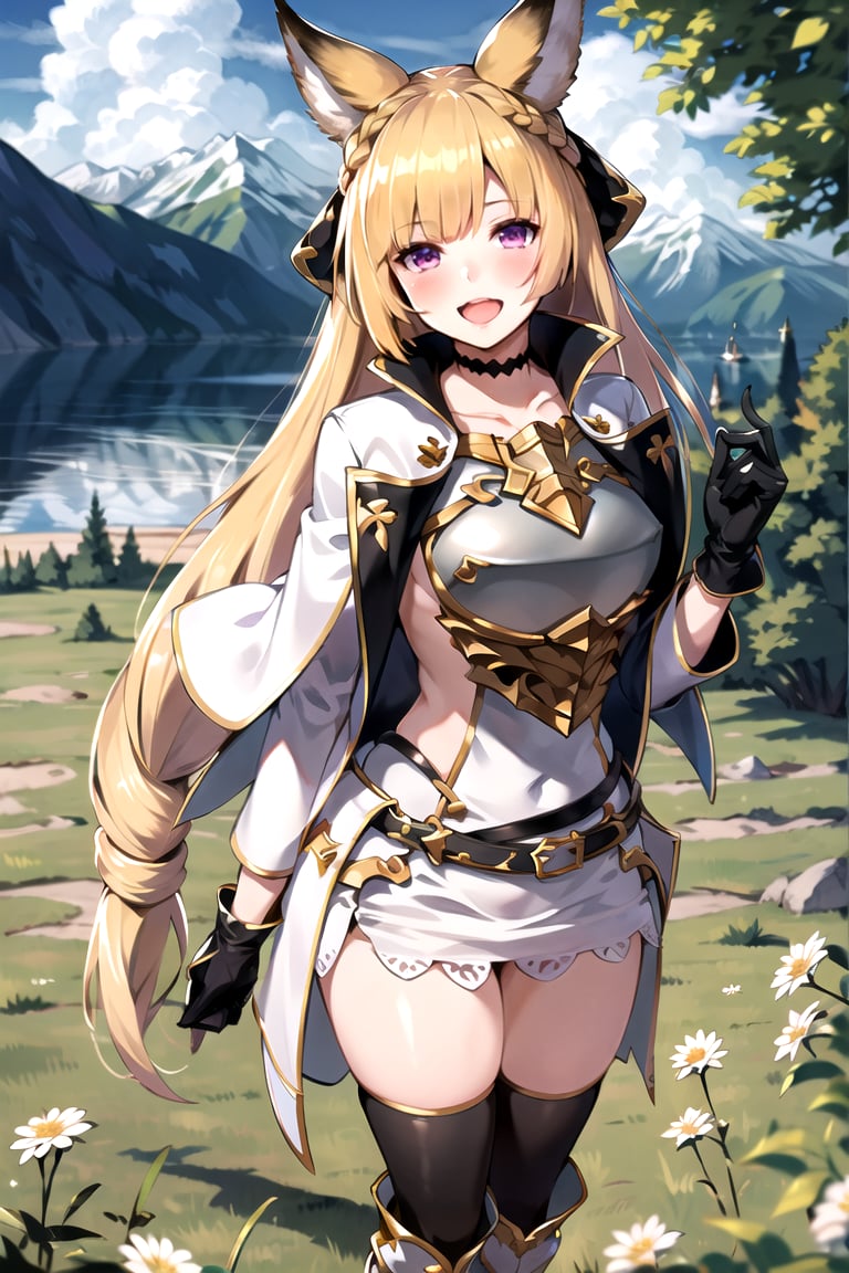 (8k, RAW photo, best quality, masterpiece:1.2, highres), (realistic, photo-realistic), solo,(grassland, flower, lake, mountain, sunny),gbfyuisis, 1girl, blonde hair, very long hair, braid, bangs, animal ears, erune, purple eyes,black ribbon, black choker,white dress, armor, breastplate, (sideboob:0.5), covered navel,black gloves, black thighhighs, boots,(medium breasts:1.05), (blush:1.05), (temptation:1.10), lewd, smile, open mouth,(standing, looking at viewer, cowboy shot), <lora:lora_yuisisv9v1_loha:0.75>