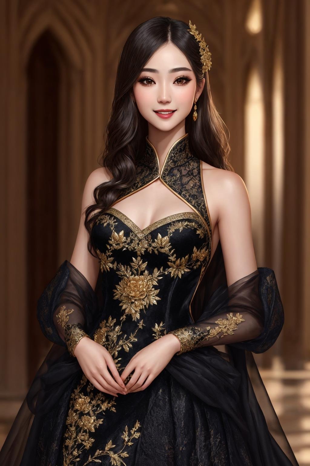 Masterpiece, absurdres, fine detail, HDR, highly detailed face and eyes, photorealistic, solo,1girl,smilingedgCoquine,Haute_Couture, [lingerie|dress], woman wearing a [Haute_Couture|edgCoquine] dress, front view, black, golden superb embroidery,designer dress, <lora:CoquineCouture:0.88>