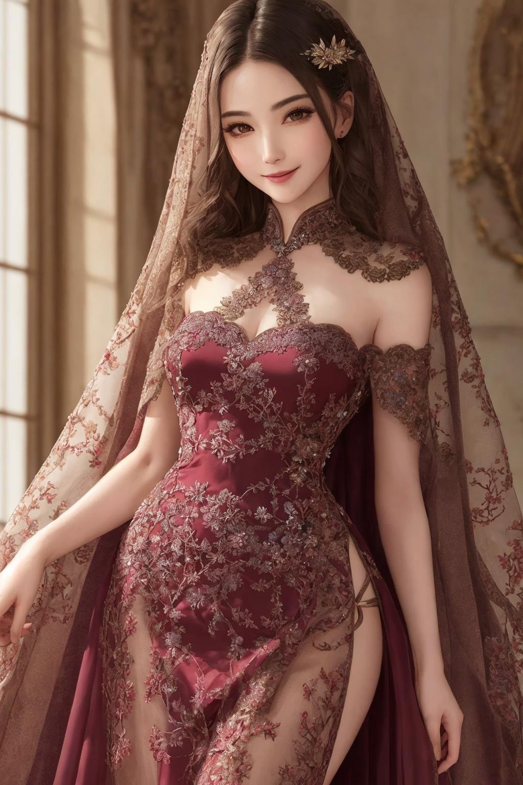 Masterpiece, absurdres, fine detail, HDR, highly detailed face and eyes, photorealistic, solo,1girl,smilingedgCoquine,Haute_Couture, [lingerie|dress], woman wearing a [Haute_Couture|edgCoquine] dress, front view, superb embroidery,designer dress, <lora:CoquineCouture:0.88>