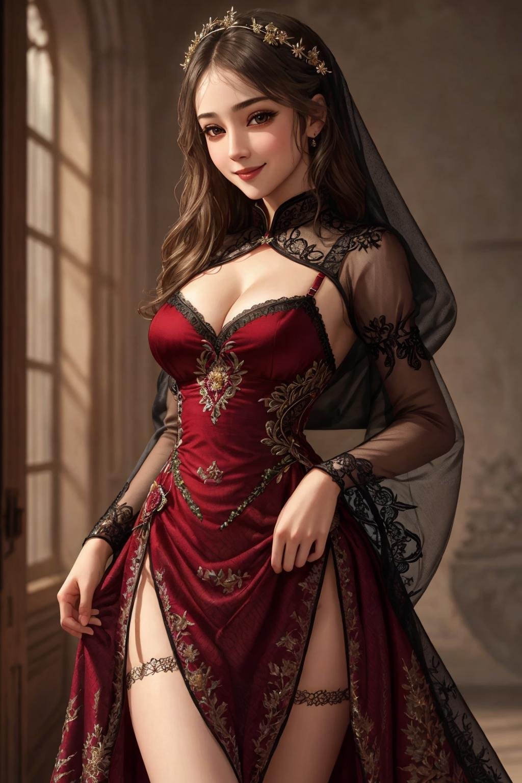 Masterpiece, absurdres, fine detail, HDR, highly detailed face and eyes, photorealistic, solo,1girl,smilingedgCoquine,Haute_Couture, [lingerie|dress], woman wearing a [Haute_Couture|edgCoquine] dress, front view, superb embroidery, <lora:CoquineCouture:0.88>
