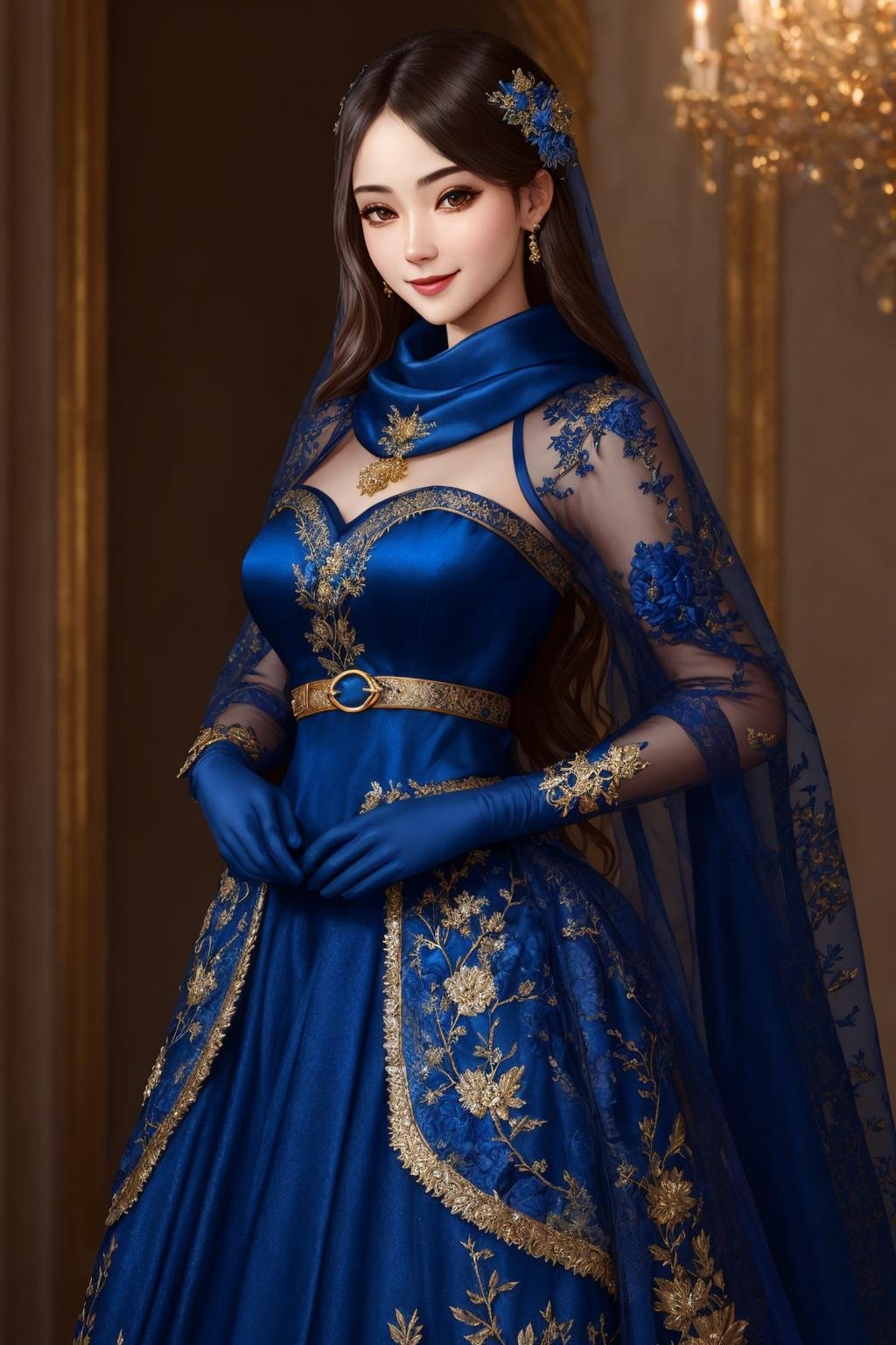 Masterpiece, absurdres, fine detail, HDR, highly detailed face and eyes, photorealistic, solo,1girl,smilingedgCoquine,Haute_Couture, [lingerie|dress], woman wearing a [Haute_Couture|edgCoquine] dress, front view, blue, golden superb embroidery,designer dress,belt,scarf <lora:CoquineCouture:0.88>