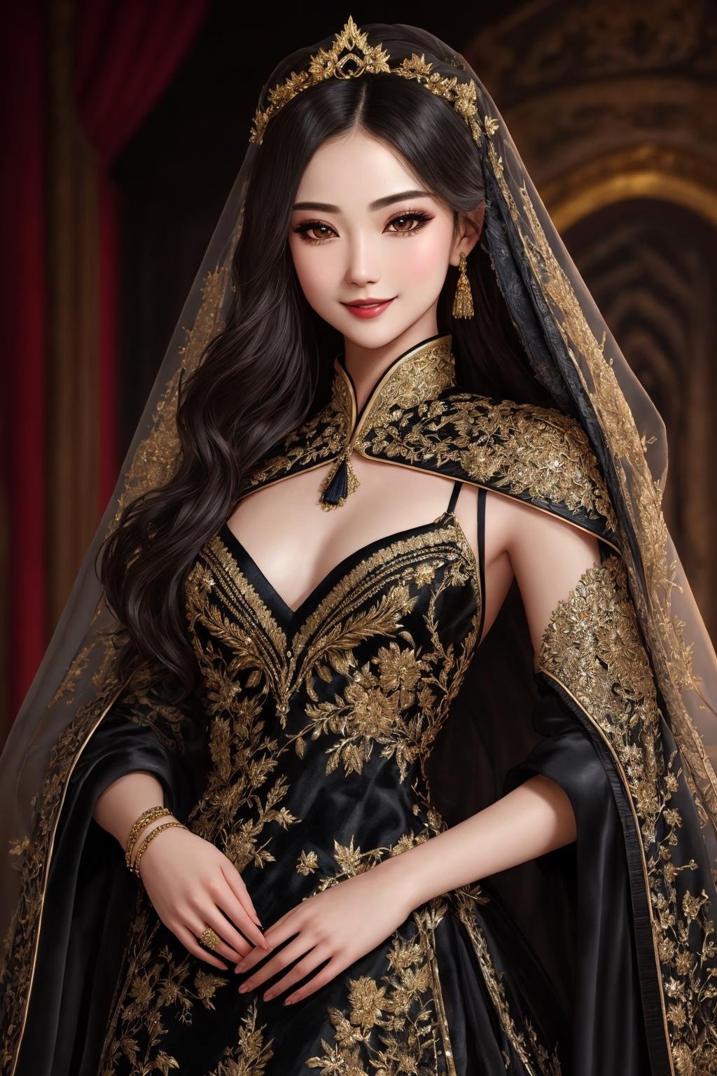 Masterpiece, absurdres, fine detail, HDR, highly detailed face and eyes, photorealistic, solo,1girl,smilingedgCoquine,Haute_Couture,  woman wearing  [Haute_Couture|edgCoquine] , front view, black, golden superb embroidery,designer dress, <lora:CoquineCouture:1>  