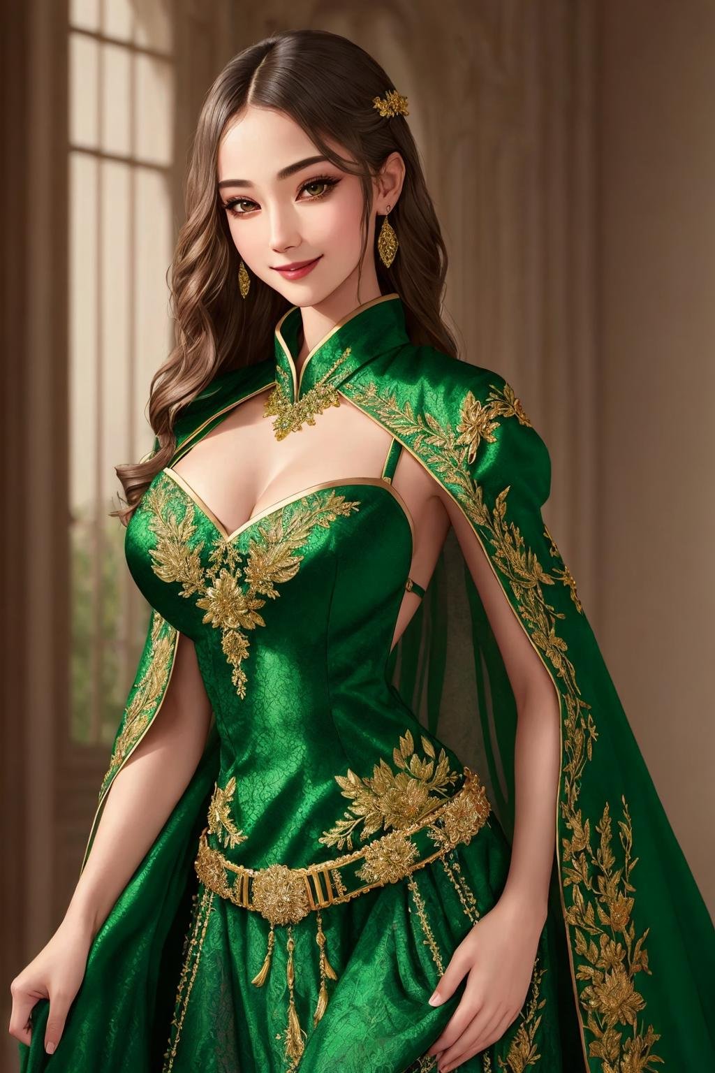 Masterpiece, absurdres, fine detail, HDR, highly detailed face and eyes, photorealistic, solo,1girl,smilingedgCoquine,Haute_Couture, [lingerie|dress], woman wearing a [Haute_Couture|edgCoquine] dress, front view, green, golden superb embroidery,designer dress,belt,scarf <lora:CoquineCouture:1>