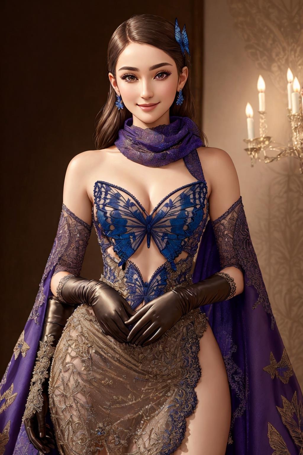 Masterpiece, absurdres, fine detail, HDR, highly detailed face and eyes, photorealistic, solo,1girl,smilingbutterfly_top,Haute_Couture, woman wearing a [Haute_Couture|butterfly_top]_(designer dress:1.15), butterfly design embroidery,scarf,gloves, cowboy shot <lora:ButterflyCouture:0.88>