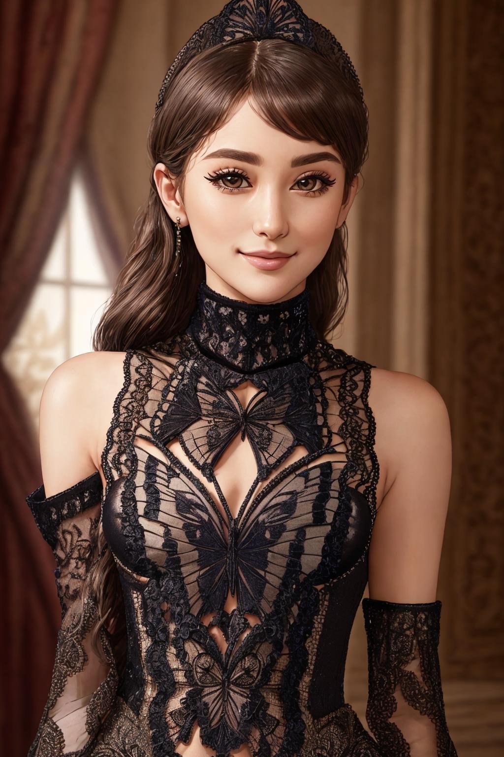 Masterpiece, absurdres, fine detail, HDR, highly detailed face and eyes, photorealistic, solo,1girl,smilingbutterfly_top,Haute_Couture, woman wearing a [Haute_Couture|butterfly_top]_([designer dress|(((turtleneck)))]:1.15), butterfly design embroidery, cowboy shot <lora:ButterflyCouture:0.88>