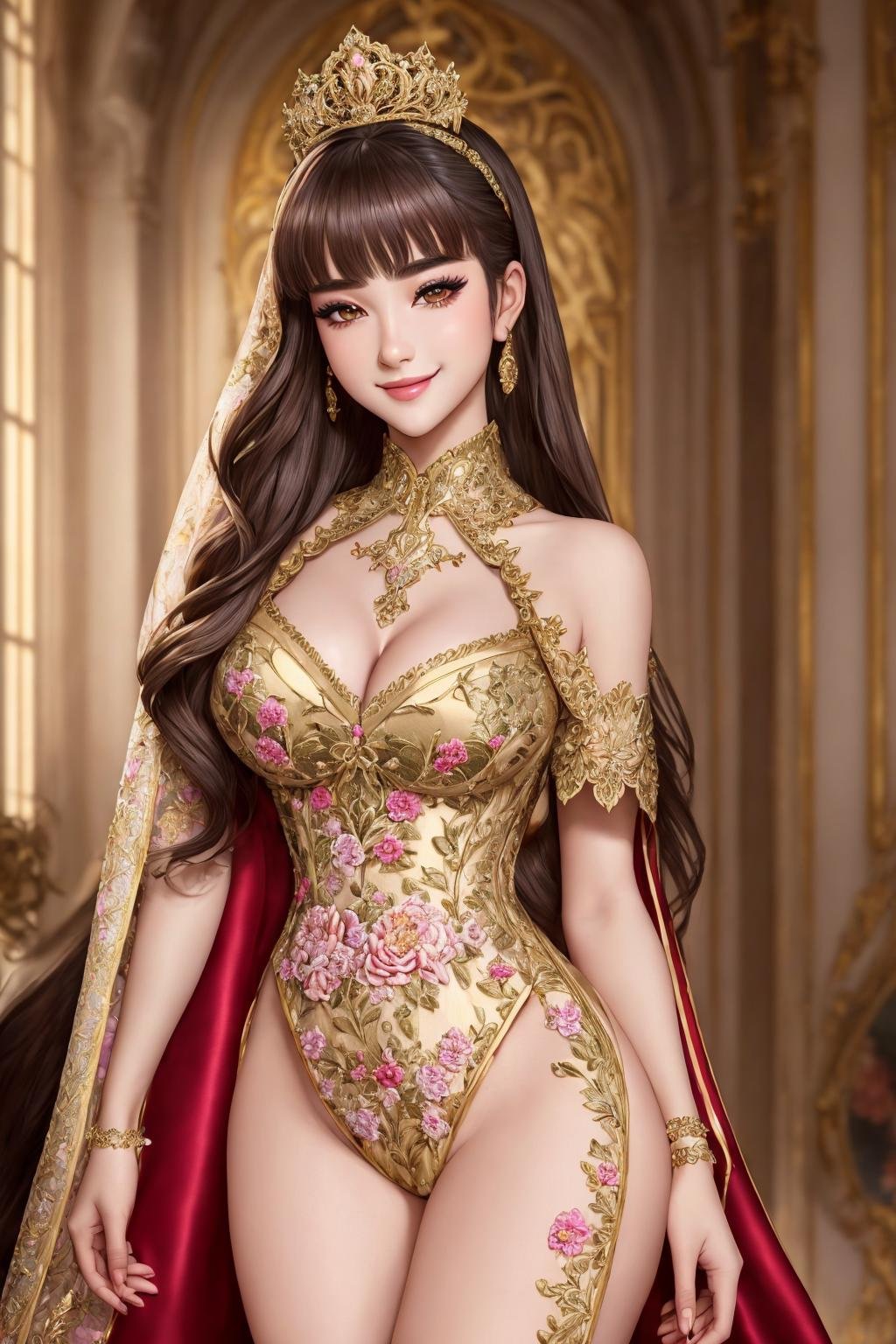 Masterpiece, absurdres, fine detail, HDR, highly detailed face and eyes, anime drawing, solo,1girl,smilingsexy_attire,Haute_Couture, woman wearing a [Haute_Couture|sexy_attire]_([designer dress|(((bodysuit,leaotard)))]:1.15),embroidery, floral <lora:SexyCouture:0.88>