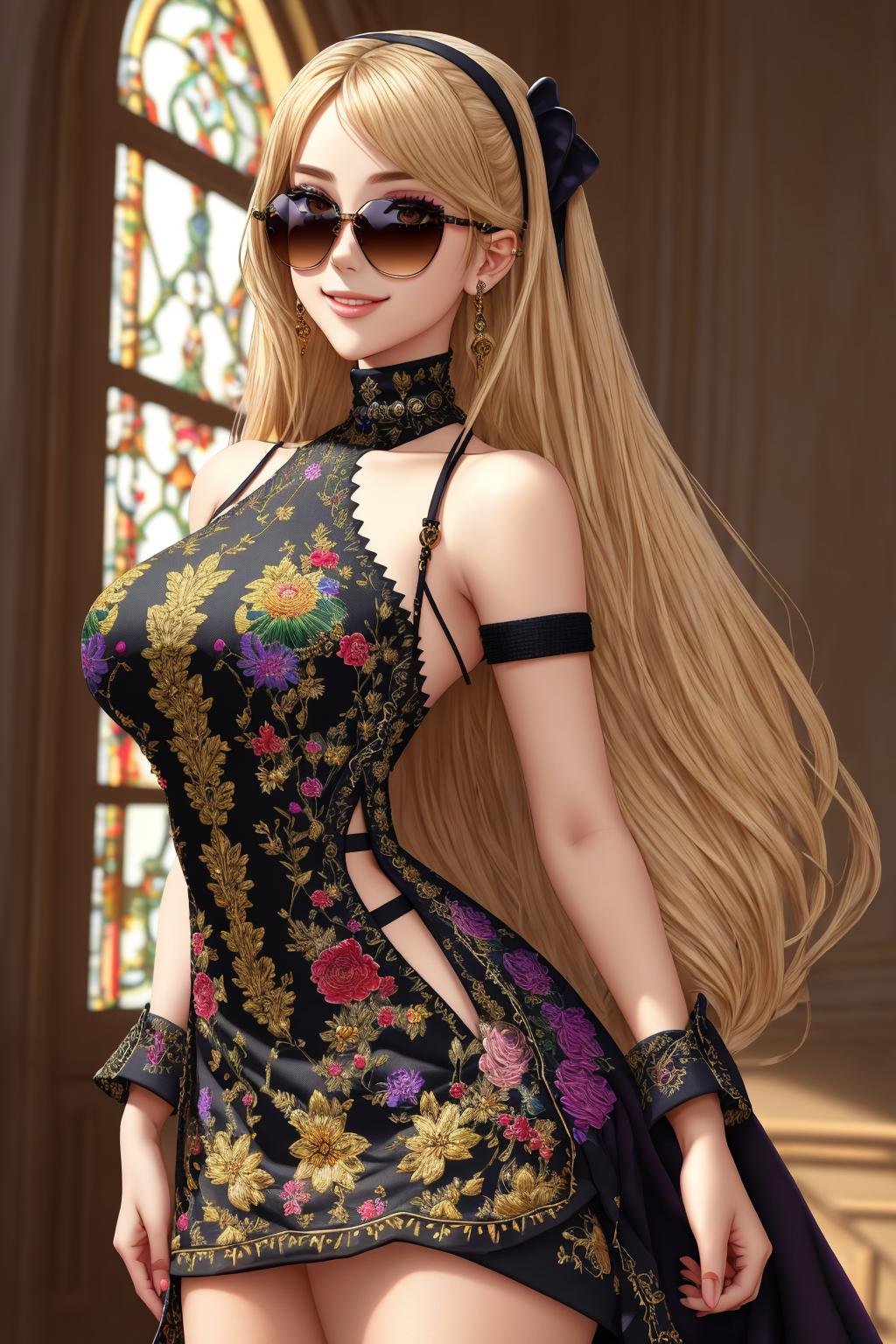 Masterpiece, absurdres, fine detail, HDR, highly detailed face and eyes, anime drawing, solo,1girl,smilingsexy_attire,Haute_Couture, Blonde Nadia with sunglasses and a choker,wearing a [Haute_Couture|sexy_attire]_([designer dress|(((turtleneck)))]:1.15),embroidery, floral <lora:SexyCouture:0.88> <lora:Nadia:0.3>