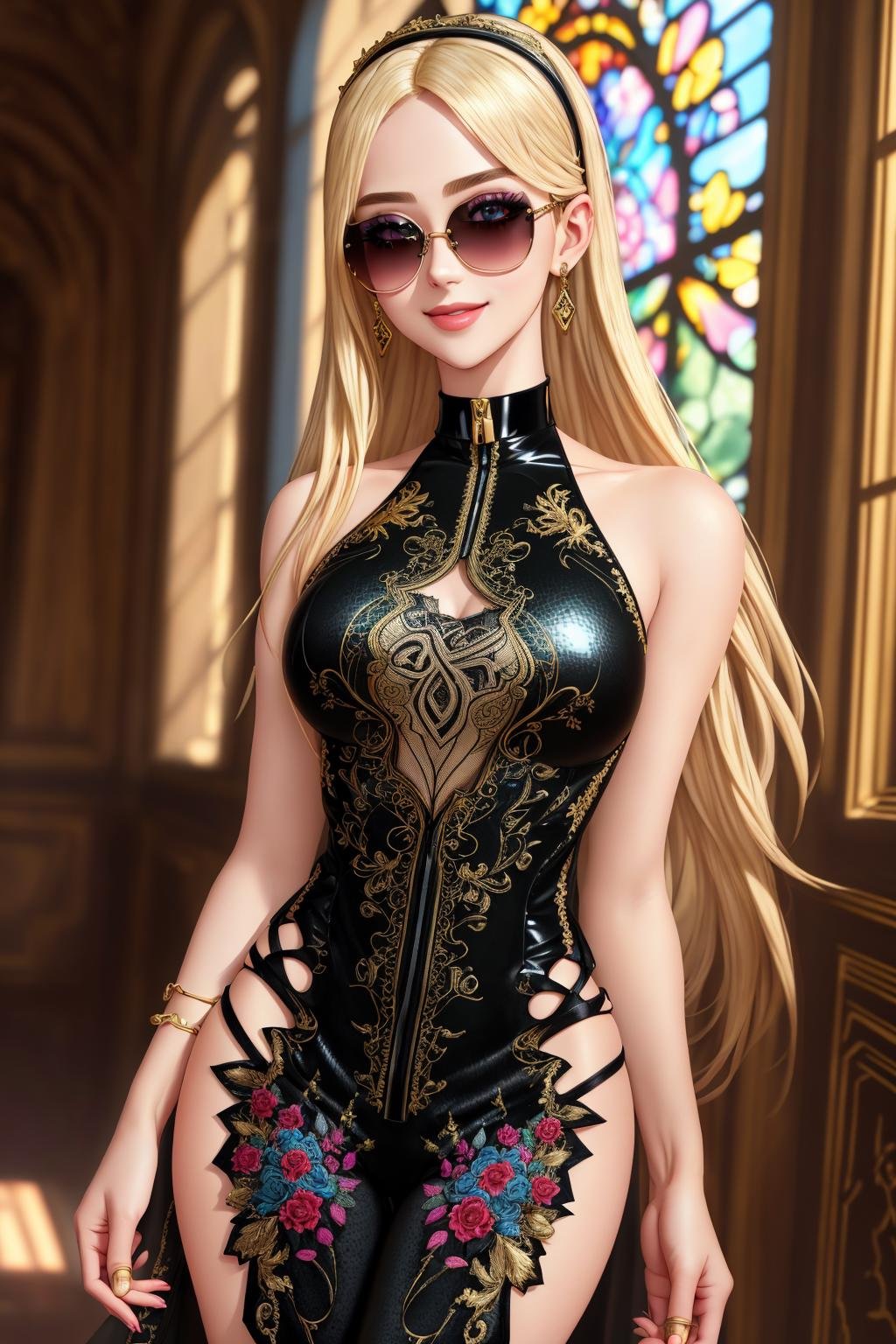 Masterpiece, absurdres, fine detail, HDR, highly detailed face and eyes, anime drawing, solo,1girl,smilingsexy_attire,Haute_Couture, Blonde Nadia with sunglasses and a choker,wearing a [Haute_Couture|sexy_attire]_([designer dress|(((bodysuit,leaotard)))]:1.15),embroidery, floral <lora:SexyCouture:0.88> <lora:Nadia:0.3>