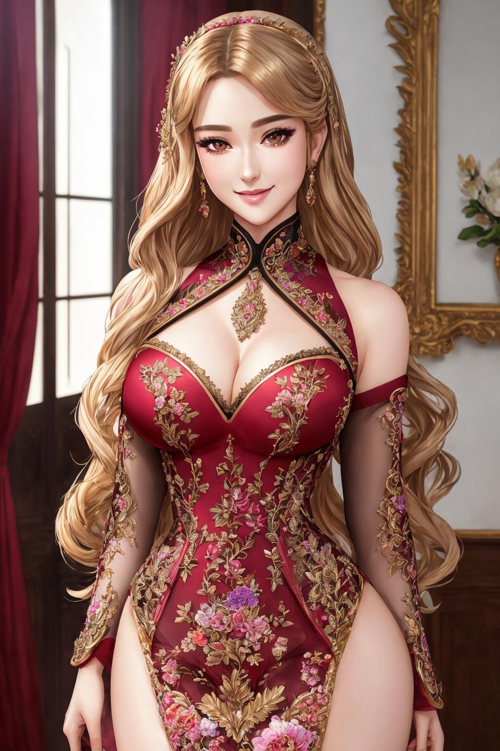 Masterpiece, absurdres, fine detail, HDR, highly detailed face and eyes, anime drawing, solo,1girl,smilingsexy_attire,Haute_Couture, woman wearing a [Haute_Couture|sexy_attire]_([designer dress|(((bodysuit,leaotard)))]:1.15),embroidery, floral <lora:SexyCouture:0.88>