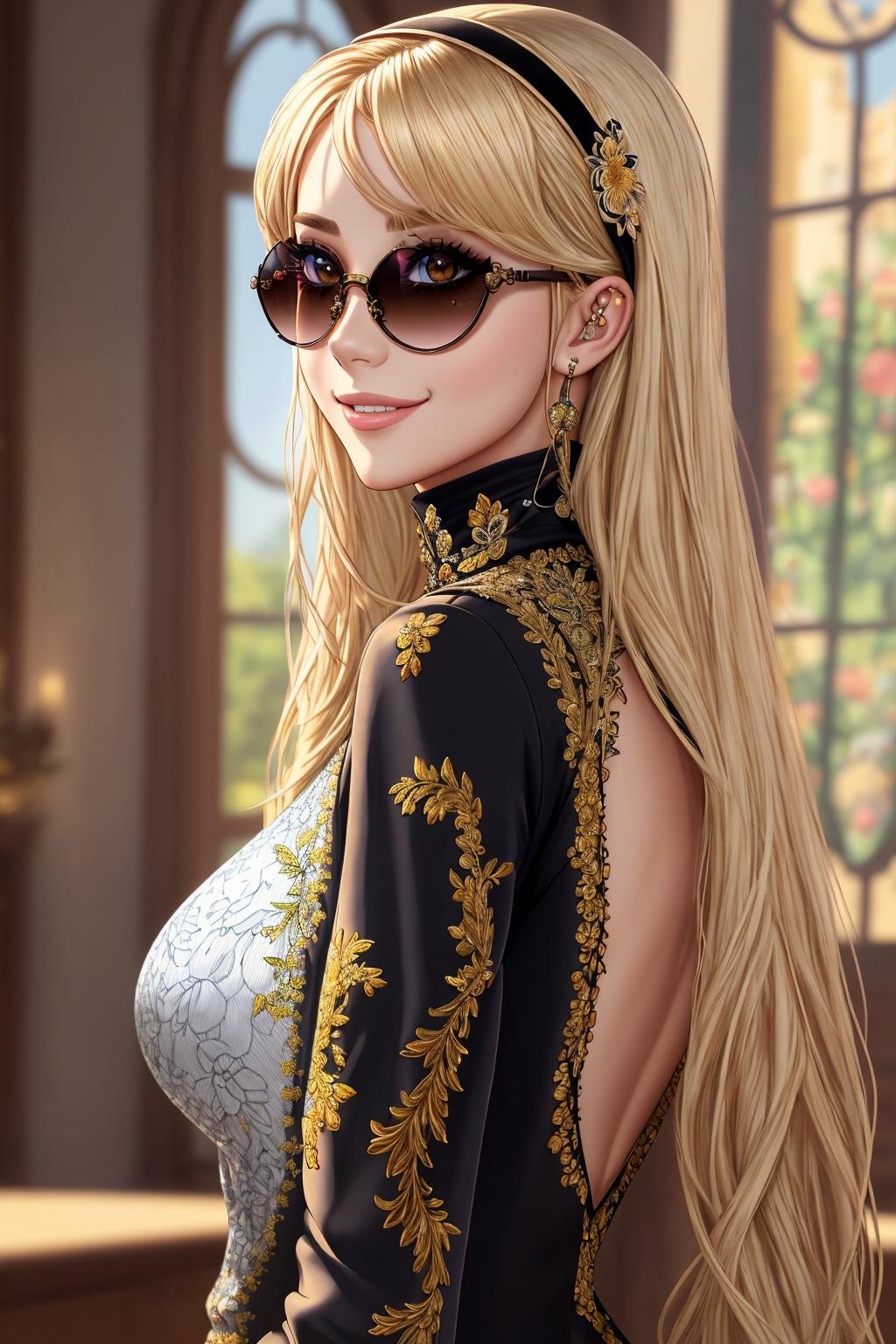 Masterpiece, absurdres, fine detail, HDR, highly detailed face and eyes, anime drawing, solo,1girl,smilingsexy_attire,Haute_Couture, Blonde Nadia with sunglasses and a choker,wearing a [Haute_Couture|sexy_attire]_([designer dress|(((turtleneck)))]:1.15),embroidery, floral <lora:SexyCouture:0.88> <lora:Nadia:0.3>