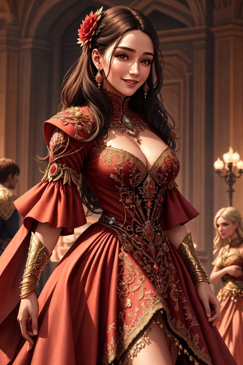 Masterpiece, absurdres, fine detail, HDR,beautiful woman,smiling([Haute_Couture, designer dress|LnF]::0.5), woman wearing a [Haute_Couture dress|LnF], front view, fashion show background , cowboy shot <lora:LnFCouture:1>