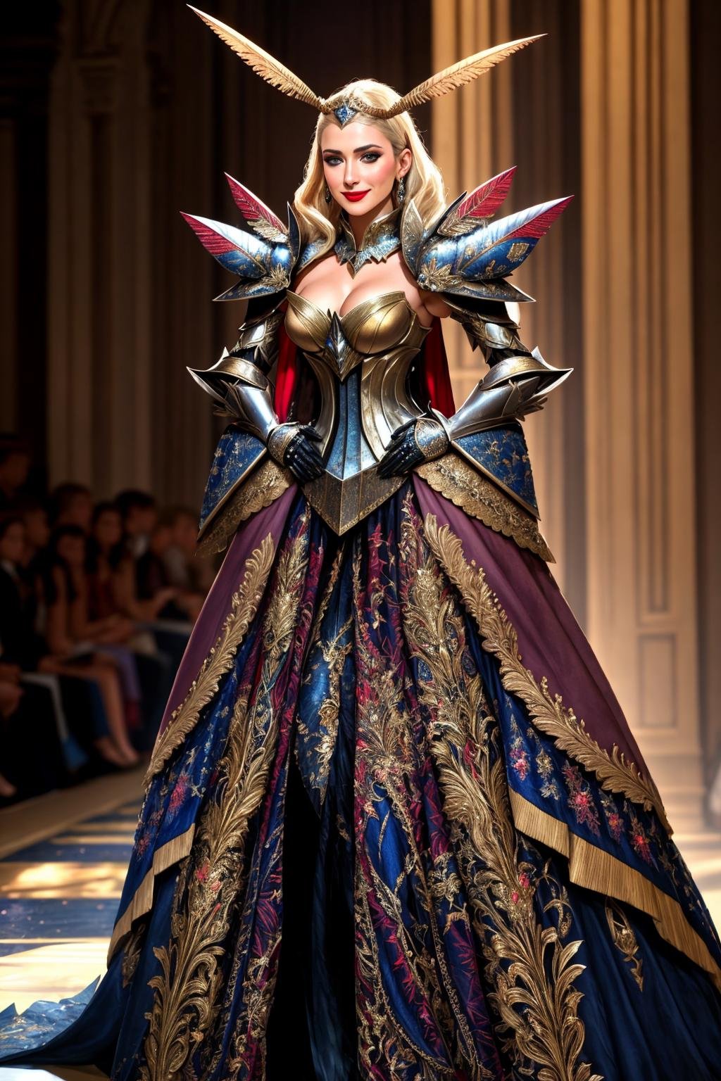 Masterpiece, absurdres,HDR,8k,best quality,smiling([edgMothKnight|Haute_Couture]::0.5)edgMothKnight,Haute_Couture designer dress, embroidery,fashion show background,   armor, hand on hip,  feathers, lipstick, shoulder armor, gauntlets, breastplate, moth_knight,cowboy shot <lora:MothCouture:0.75>